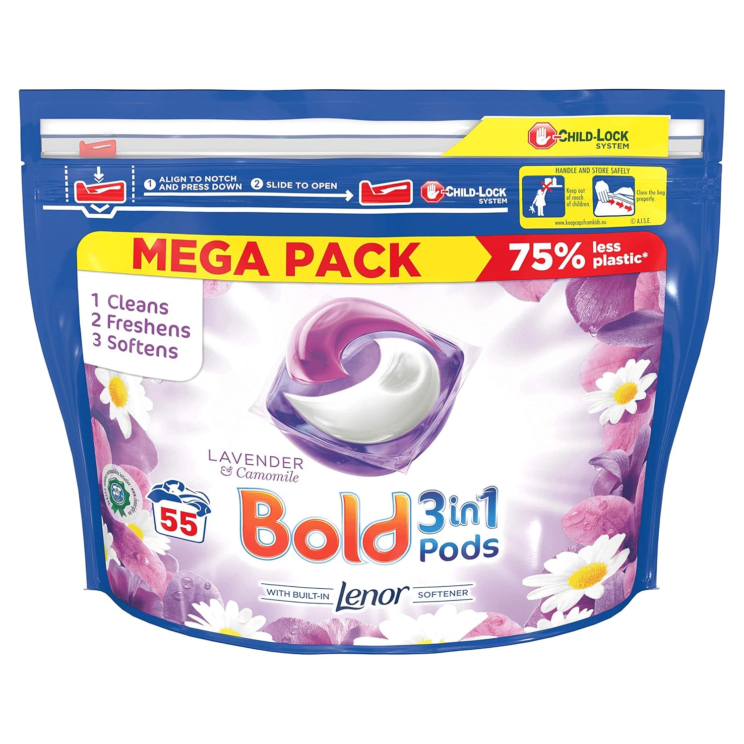 Bold 3in1 Pods Lavender & Camomile Washing Liquid Capsules 55 Washes, with A Touch of Lenor Long Lasting Freshness