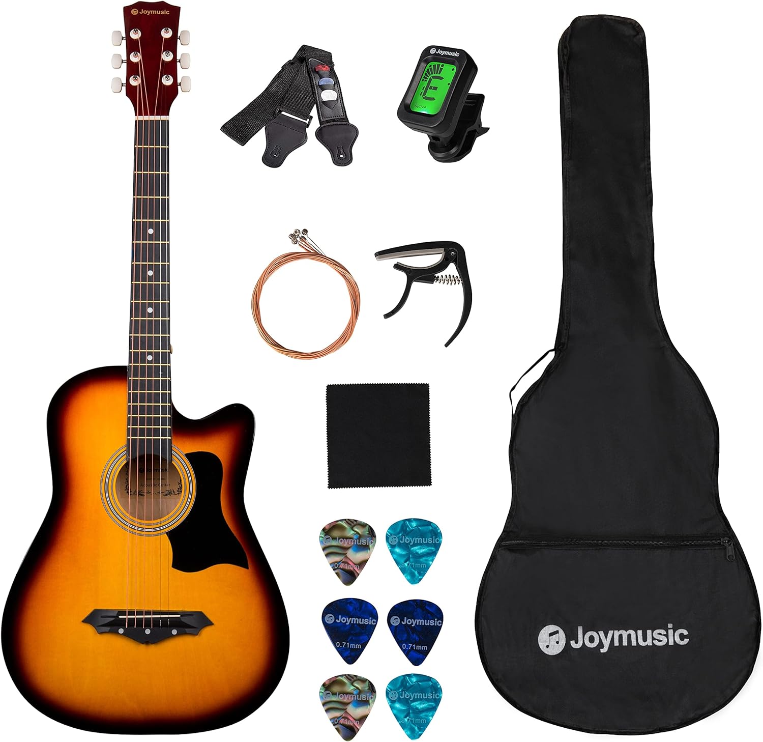 Joymusic 38 inch sunburst beginner acoustic guitar kit,bundle with a strap with picks holder,digital tuner, set strings, capo,cleaning cloth,6 picks,gig bag.(JG-38C,3TS)