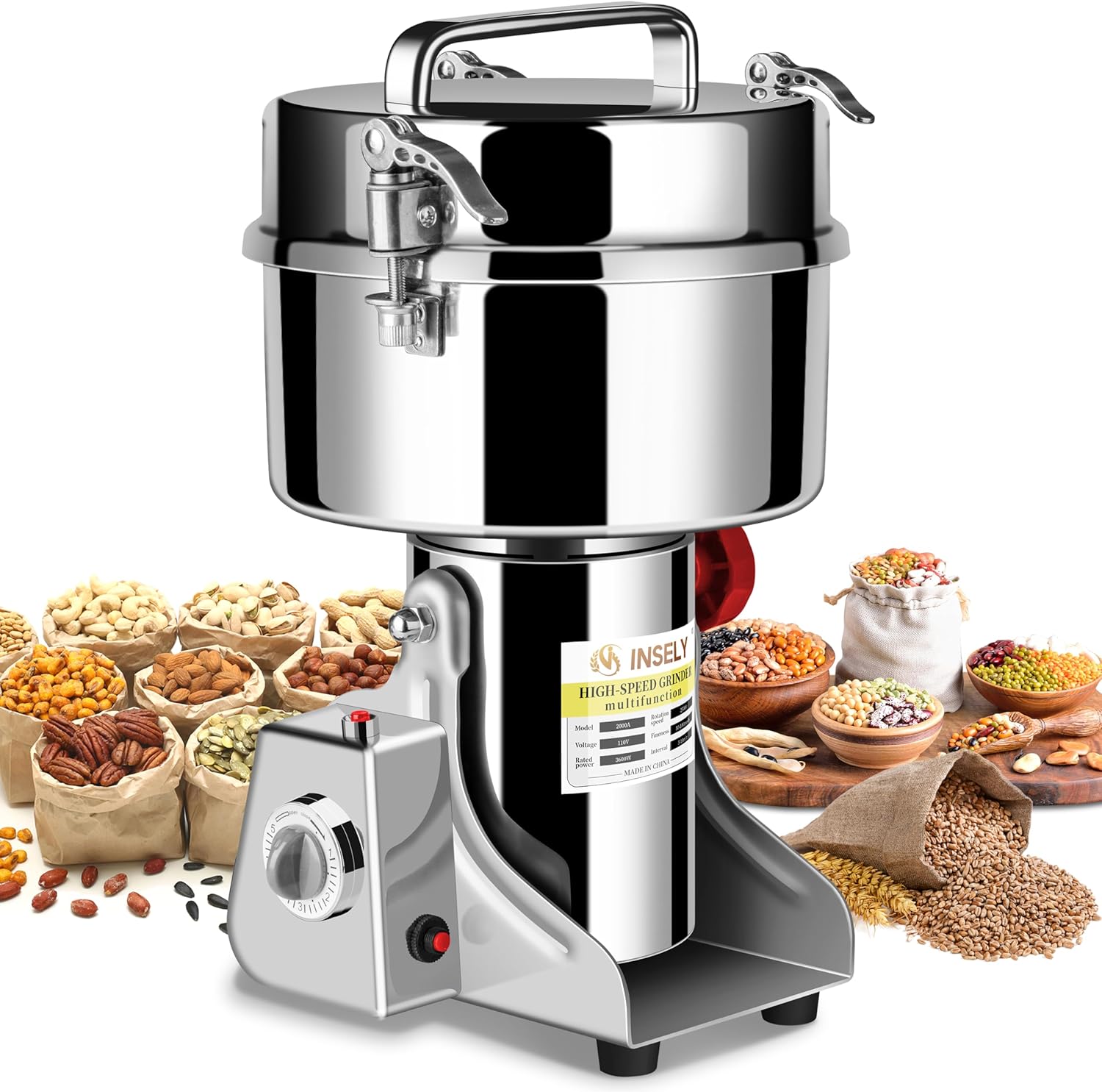 Grain Mill Grinder 2000g High Speed Food Grain Mill Stainless Steel Seeds Flour Nut Pill Wheat Corn Herbs Spices & Seasonings Dry Grinder Electric Machine Grinder for Kitchen