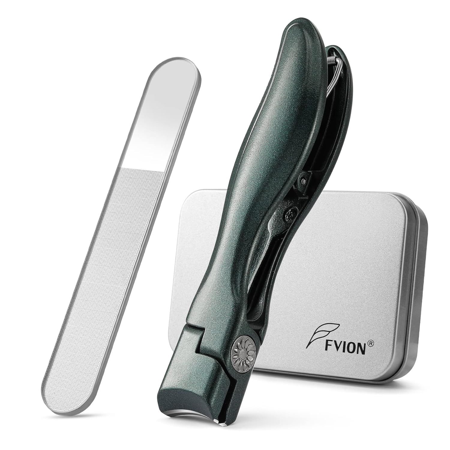 FVION Nail Clipper for Thick Fingernail and Toenail, Wide Jaw Nail Clippers with Crystal File, Large Toe Nail Clipper with Catcher for Men and Women, Nail Cutter Set - Green
