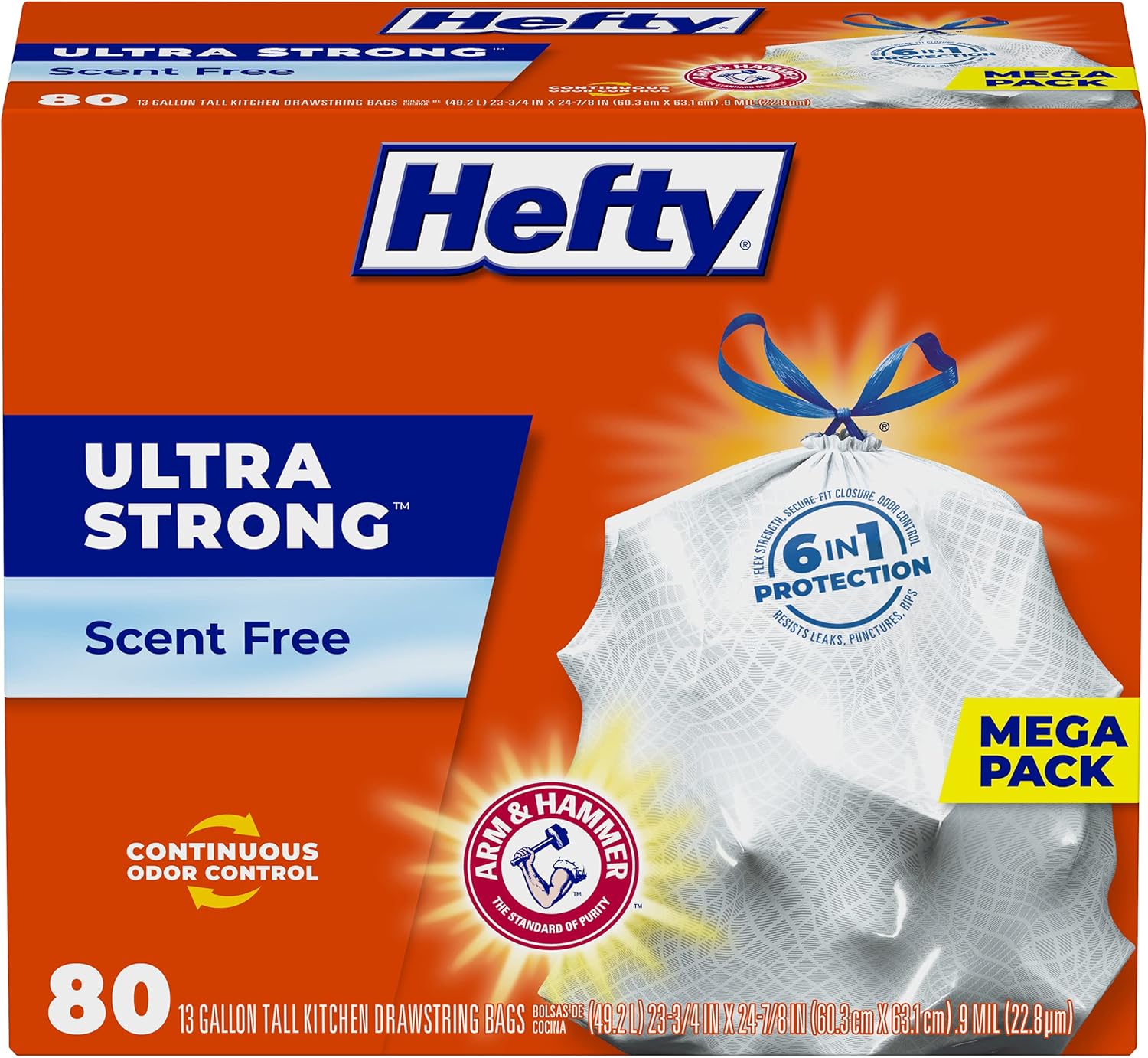 Hefty Ultra Strong Tall Kitchen Trash Bags, Unscented, 13 Gallon, (80 Count)