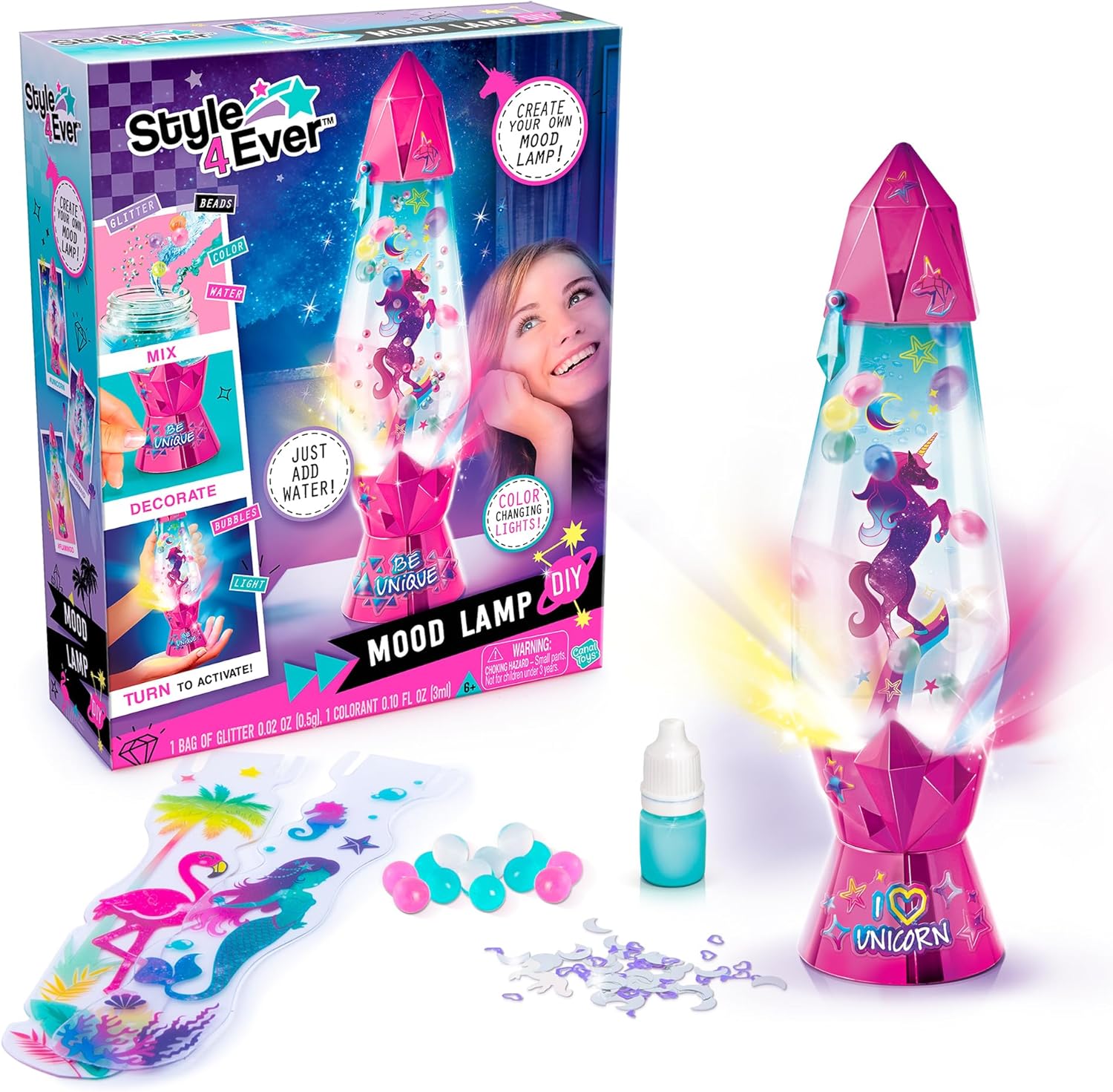 Canal Toys Style 4 Ever DIY Mood Lamp - Customizable Bubble Lamp with Color-Changing LED Lights, Glittery Bubbles, and Swirling Beads. Ages 6+
