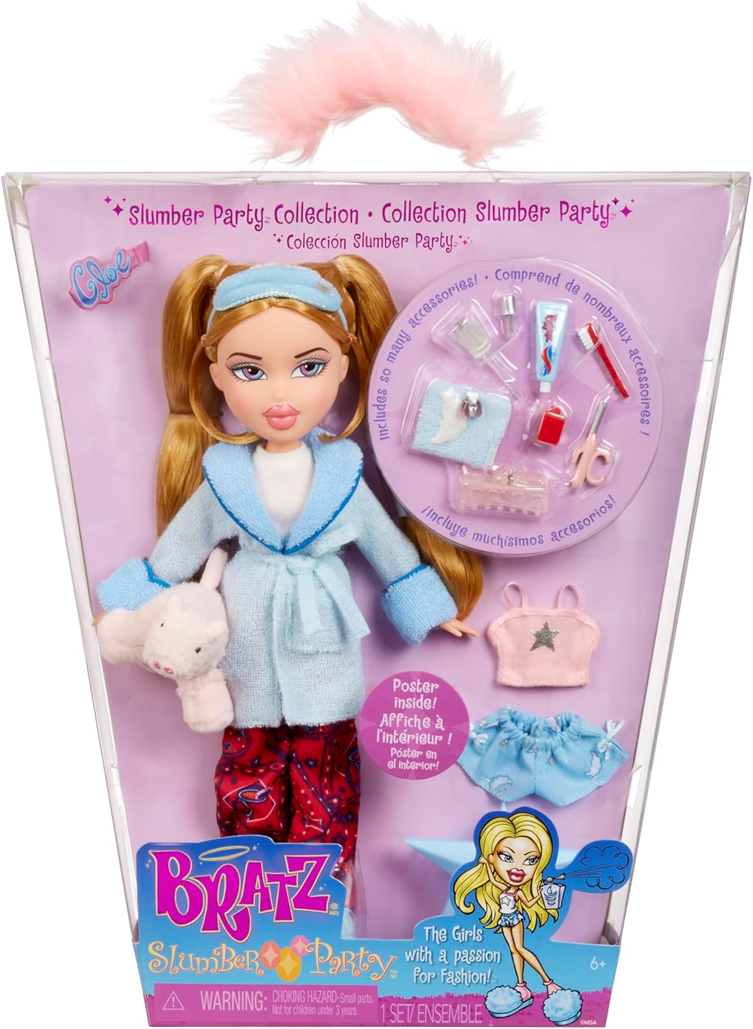 Bratz Slumber Party Cloe Fashion Doll with 2 Sets of Pajamas, Plush, and Accessories