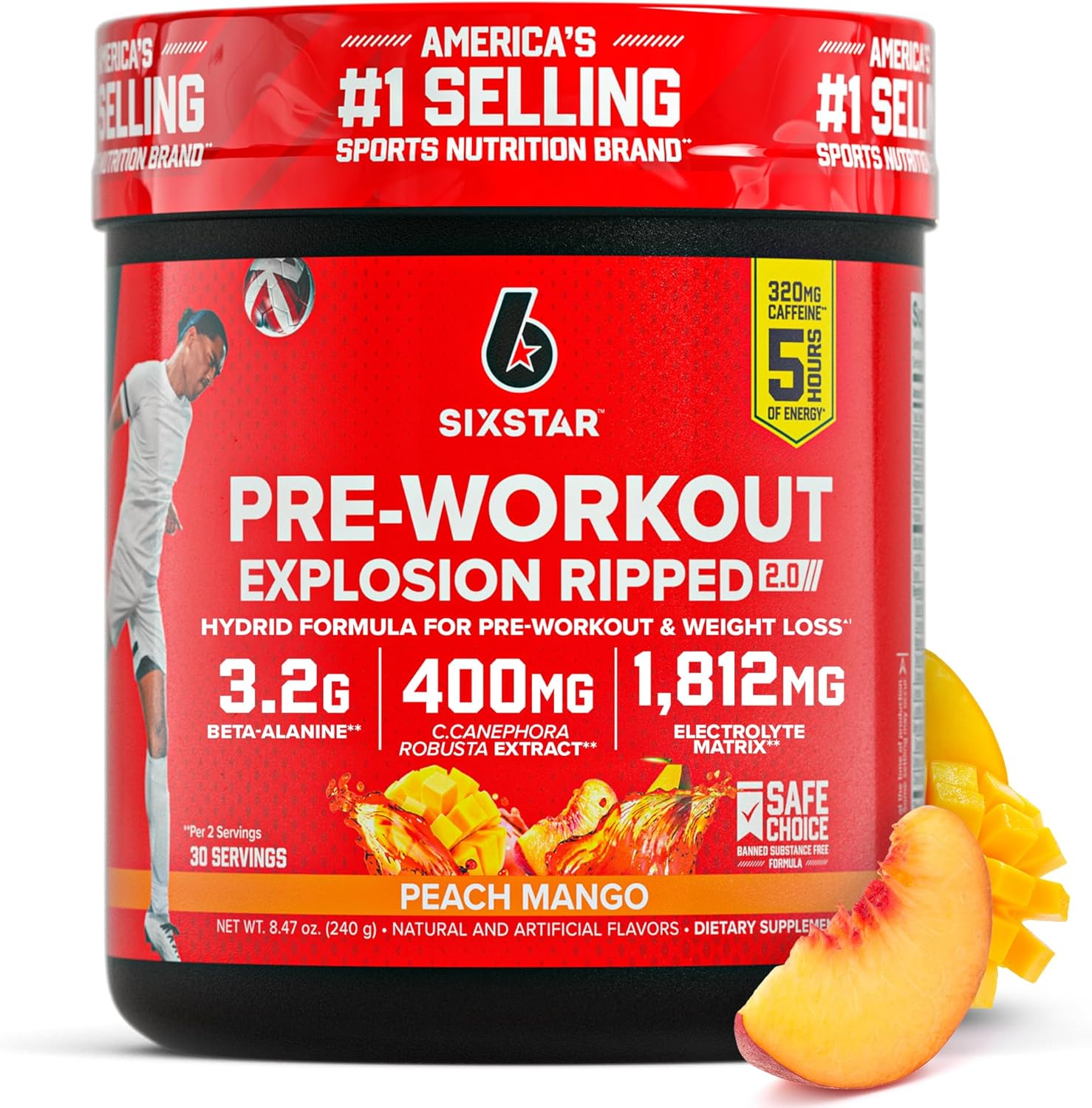 Six Star Pre-Workout Explosion, Peach Mango (30 Servings) - Preworkout Energy Powder Supplement for Men & Women - Pre Workout Drink Mix with Creatine & Beta Alanine - Sports Nutrition Products