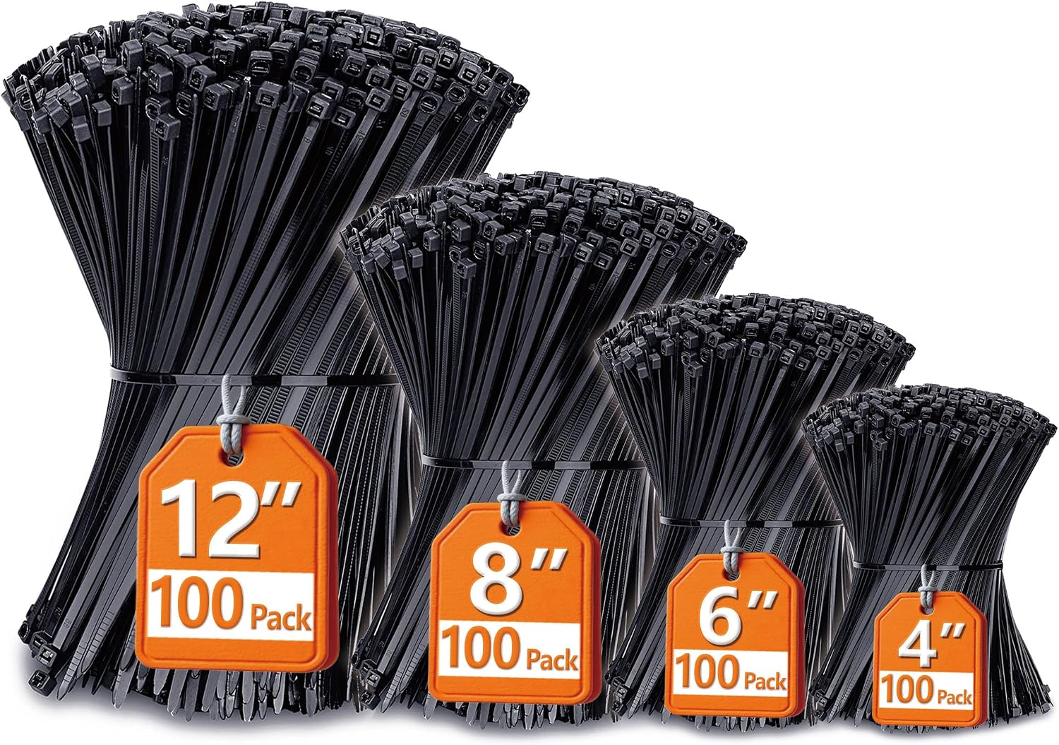 Zip Ties Assorted Sizes(4”+6”+8”+12”), 400 Pack, Black Cable Ties, UV Resistant Wire Ties by ANOSON
