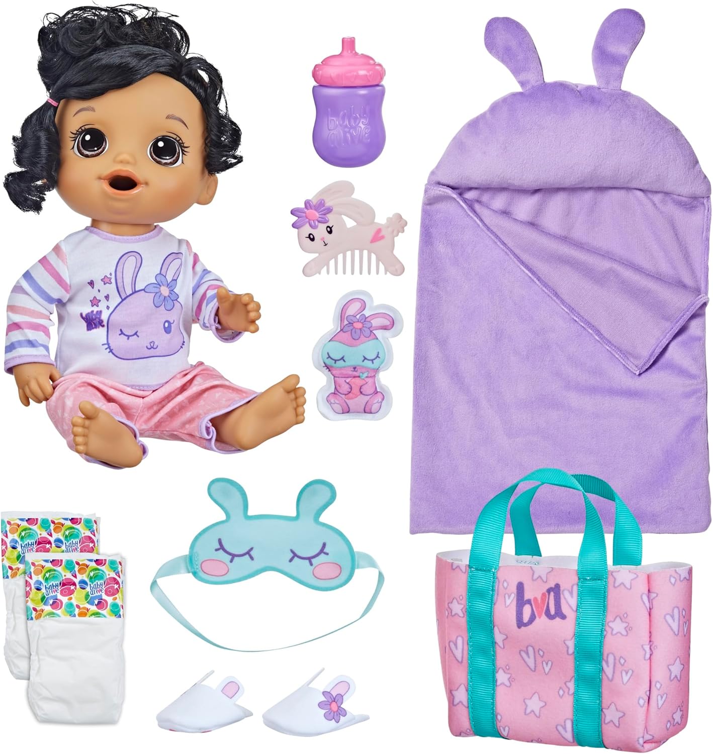 Baby Alive Bunny Sleepover Baby Doll, Bedtime-Themed 12-Inch Dolls, Sleeping Bag & Bunny-Themed Doll Accessories, Toys for 3 Year Old Girls and Boys and Up, Brown Hair (Amazon Exclusive)