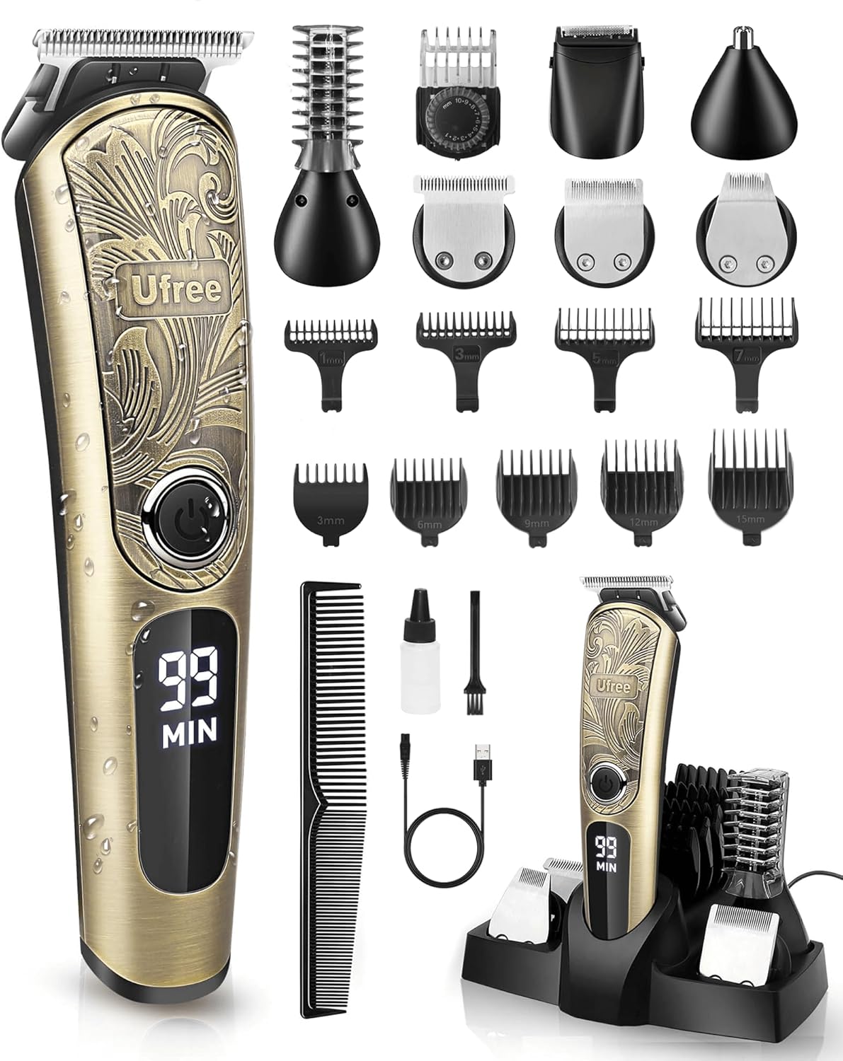 Ufree Gifts for Men, Beard Trimmer with Charging Stand, IPX7 Waterproof Electric Razor Shavers for Men, Clippers for Hair Cutting, Mens Grooming Kit for Mustache Nose Facial Body