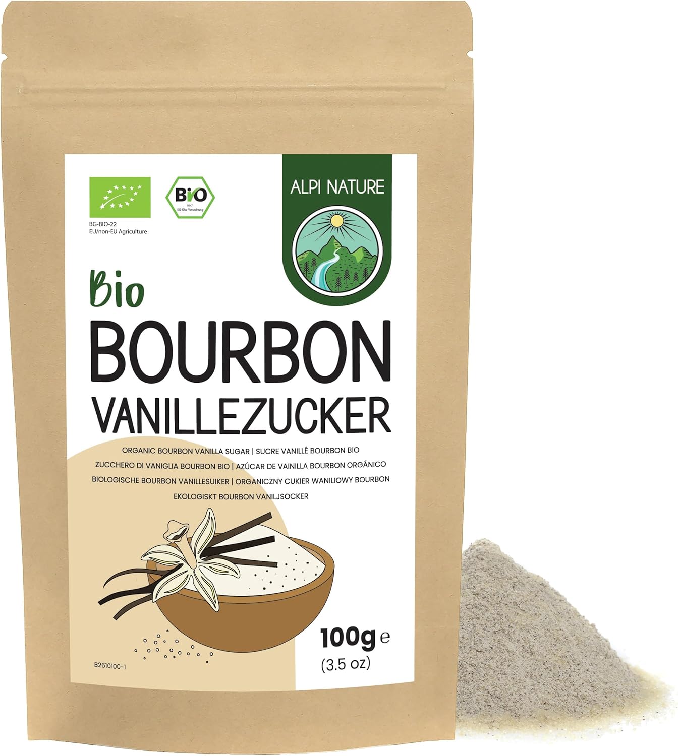 Alpi Nature Organic Bourbon Vanilla Sugar 100g 3.5 oz, Premium Blend of Powdered and Raw Cane Sugar with Ground Madagascar Vanilla Beans