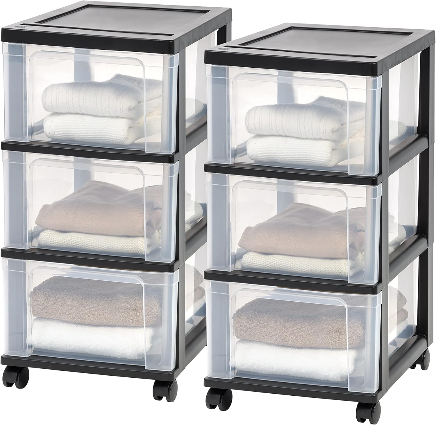 IRIS USA Plastic 3-Drawer Storage Organizer Rolling Cart, with Wheels Casters, 2-Pack, for Classroom Art Supplies Dresser Closet Bathroom Dorm Bedroom Laundry Room, Slim Narrow, Black/Clear
