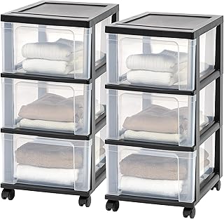 IRIS USA Plastic 3-Drawer Storage Organizer Rolling Cart, with Wheels Casters, 2-Pack, for Classroom Art Supplies Dresser Closet Bathroom Dorm Bedroom Laundry Room, Slim Narrow, Black/Clear