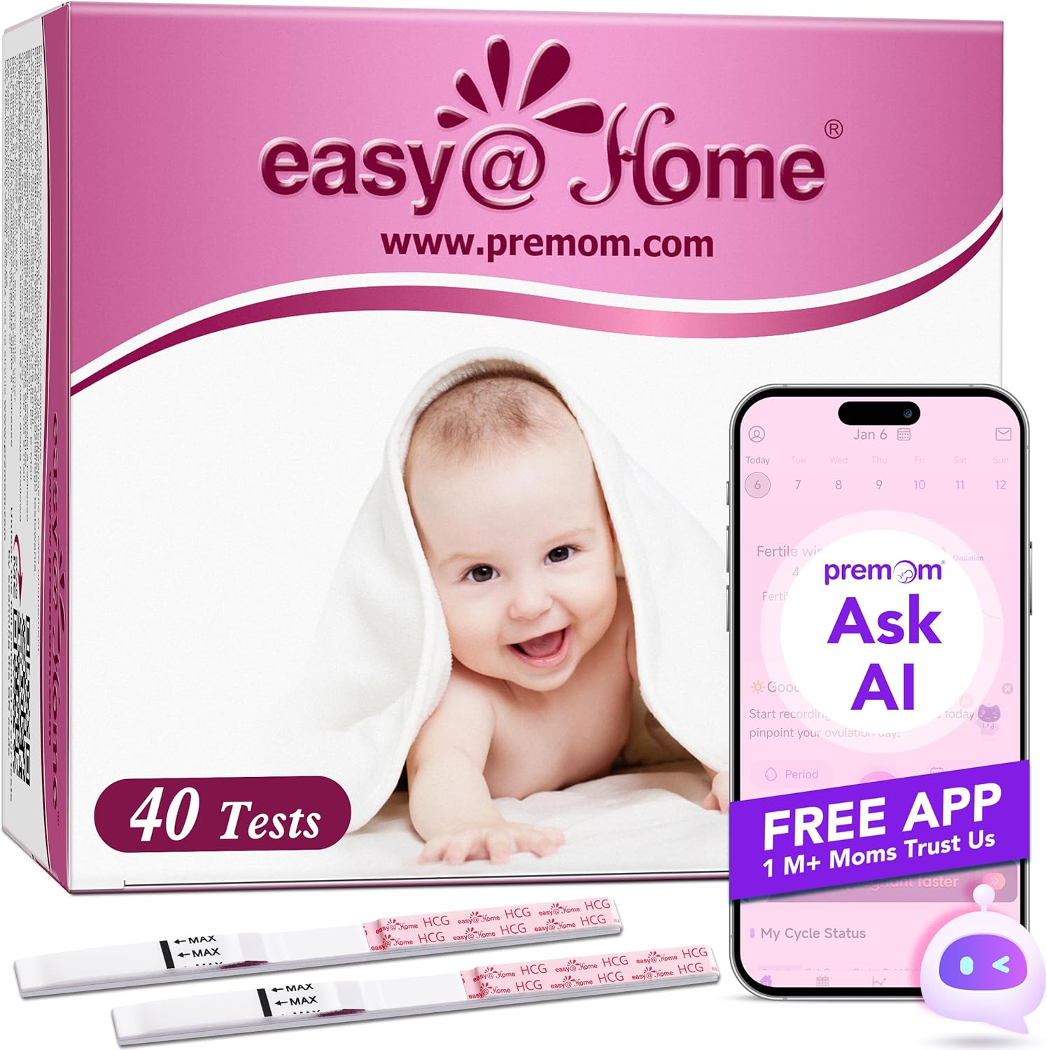 Pregnancy Test Strips Early Detection: Easy@Home 40 x HCG Strips 10mIU/mL, Accurate Early Pregnancy Tests, Sensitive HCG Pregnancy Test Strips with Smart APP, Home Fertility Testing Kit 40 Packs