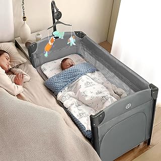 JOYMOR Baby Bedside Bassinet, Baby Bassinet, Pack n Play Convert Playpen, Quick Foldable Travel Bed with Toy, Wheels & Brake, Carry Bag for Boys Girls