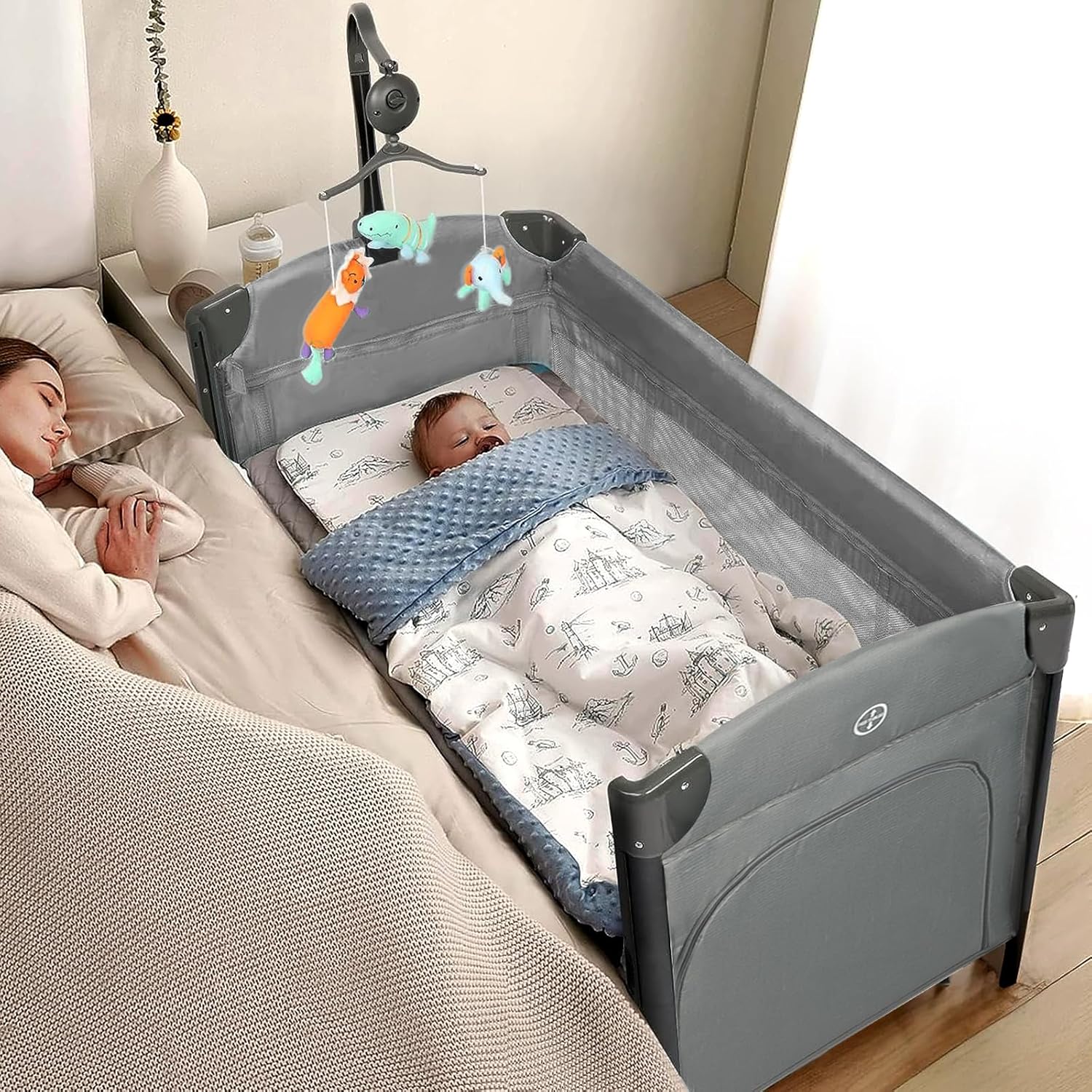 JOYMOR Baby Bedside Bassinet, Baby Bassinet, Pack n Play Convert Playpen, Quick Foldable Travel Bed with Toy, Wheels & Brake, Carry Bag for Boys Girls