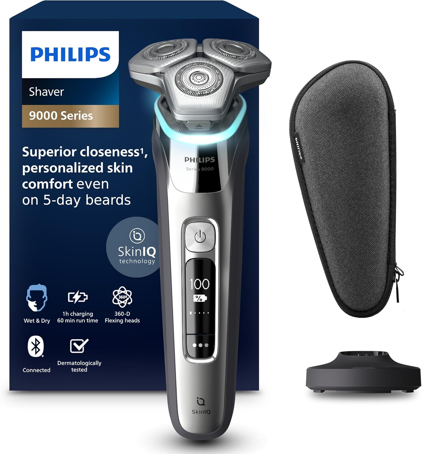 Philips Shaver Series 9000 - Wet and Dry Electric Shaver for Men in Chrome Silver with Lift and Cut, SkinIQ Technology, Pop-up Beard Trimmer, Charging Stand and Travel Case (Model S9975/35)