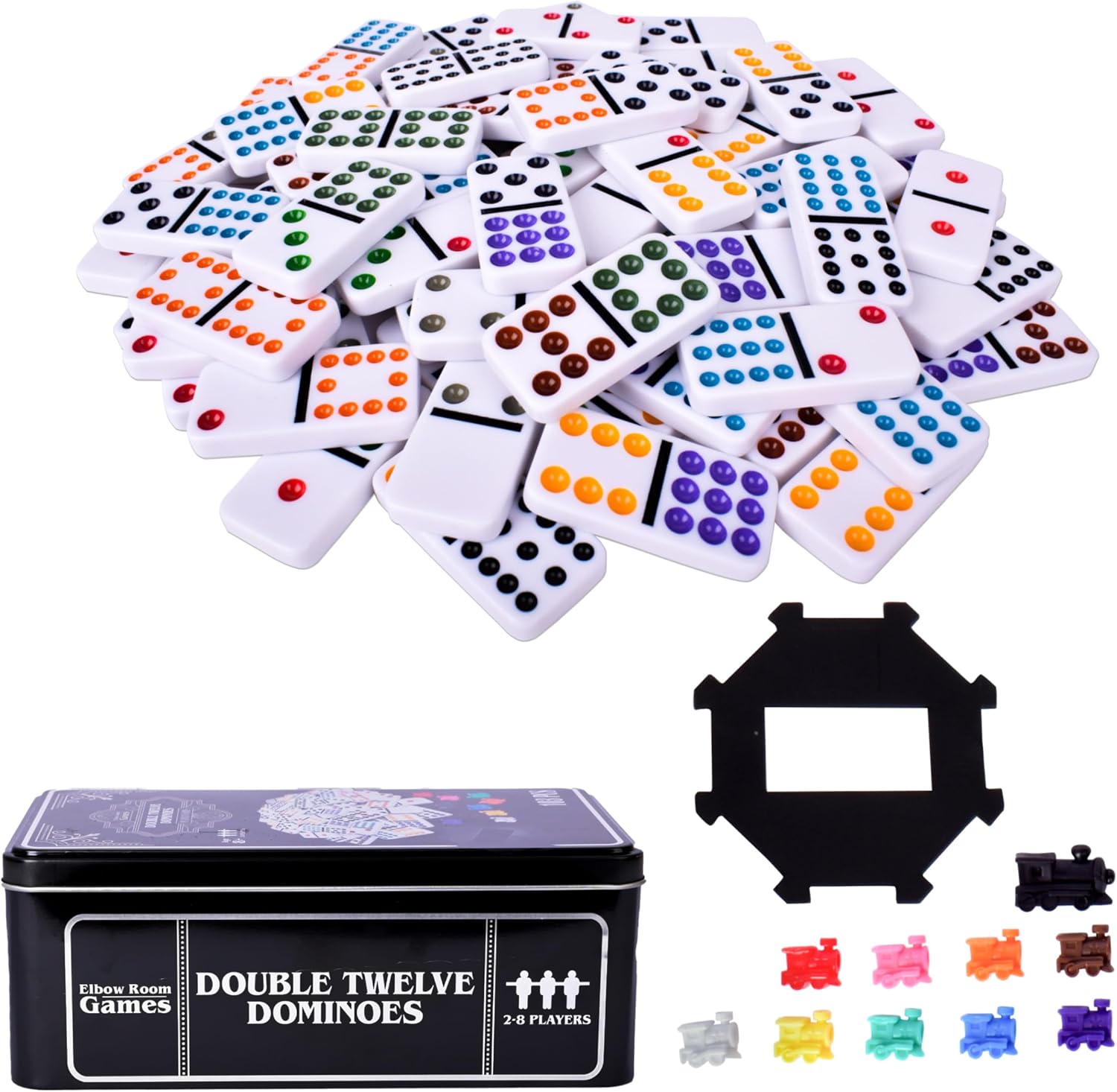 Sunny Days Entertainment Elbow Room Games Double Twelve Dominoes Set with 91 Dominoes, 10 Trains, Starter Piece, Scorepad – Perfect for Mexican Train, Block, and Draw – for 2-8 Players