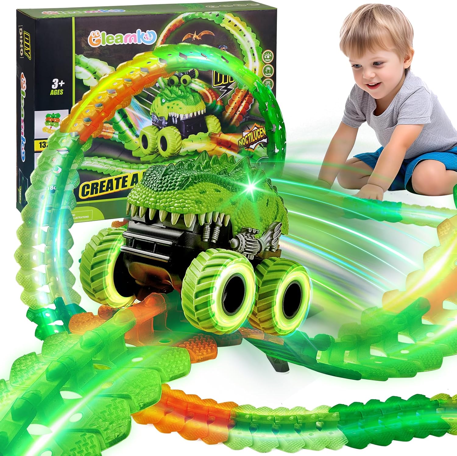 GleamKid 154PCS Rechargeable Car Track Toy Set, Glow Race Track, Flexible Car Tracks, Dinosaur Track Set Glow in The Dark, Race Train Track Toy for 3 4 5 6 7 8 Year Old Boys Gifts, 2*800mAh Batteries