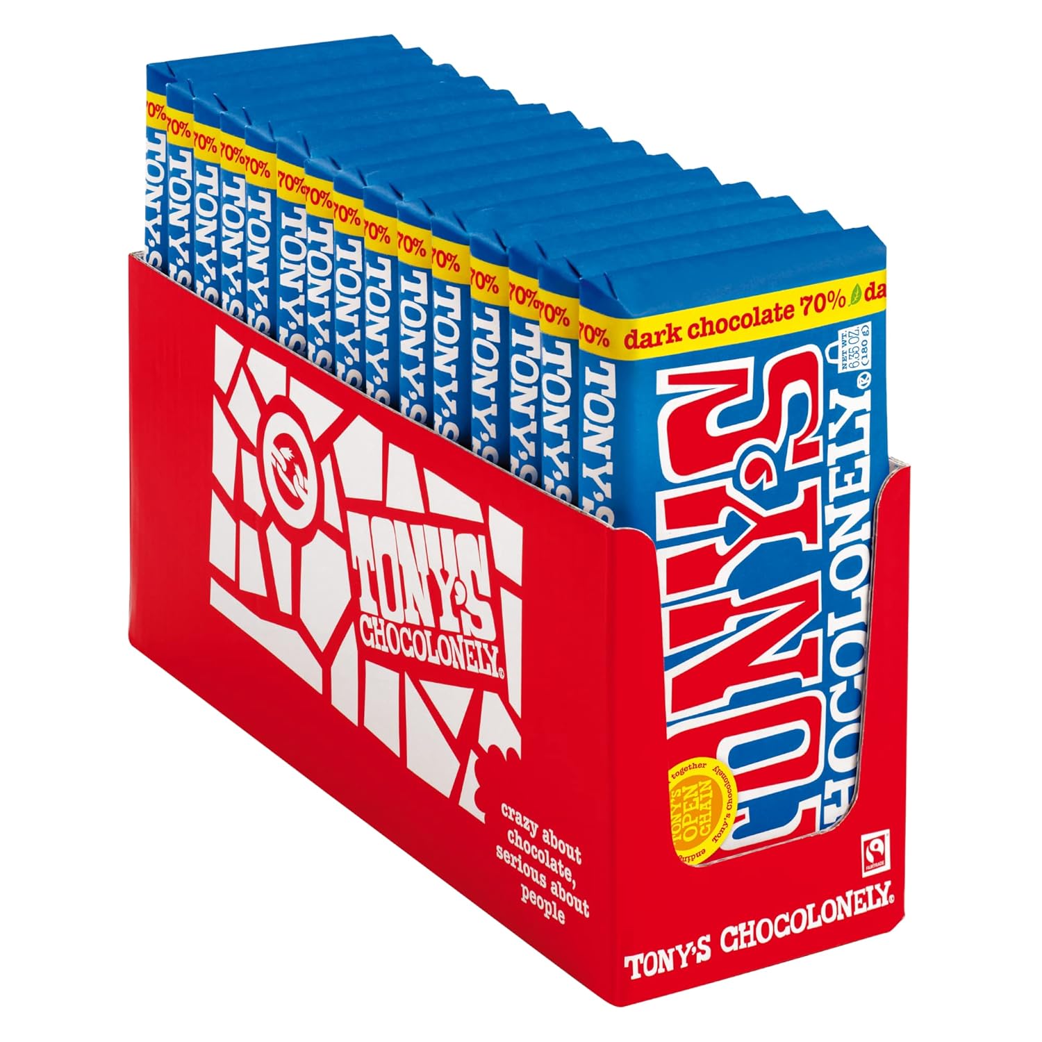Tony's Chocolonely 70% Dark Chocolate Bar, 6.35 Ounce, 15 Pack