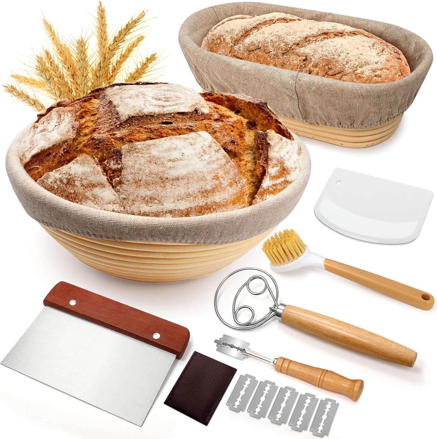 Sourdough Proofing Basket Gift Set, 9" Round and 10" Oval Banneton Bread Baking Supplies, Sourdough Baskets with Bread Lame, Danish Whish, Bowl Scraper, Sourdough Scraper, and Linen Liners