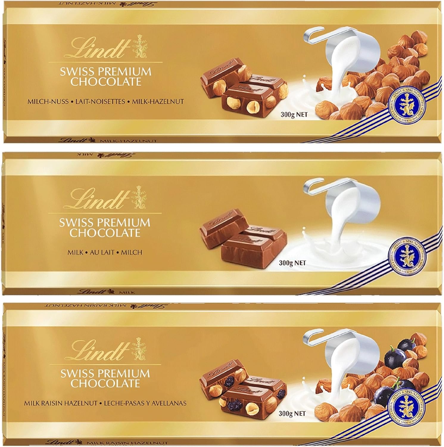 Swiss Chocolate Bars Bulk Buy - Luxury 3 x 300g Irresistible Smooth Hazelnut, Milk Bar & Hazelnut - Raisins Golden Milk Chocolate Bars for Chocolate Hamper, Birthday Gifts with Topline Card