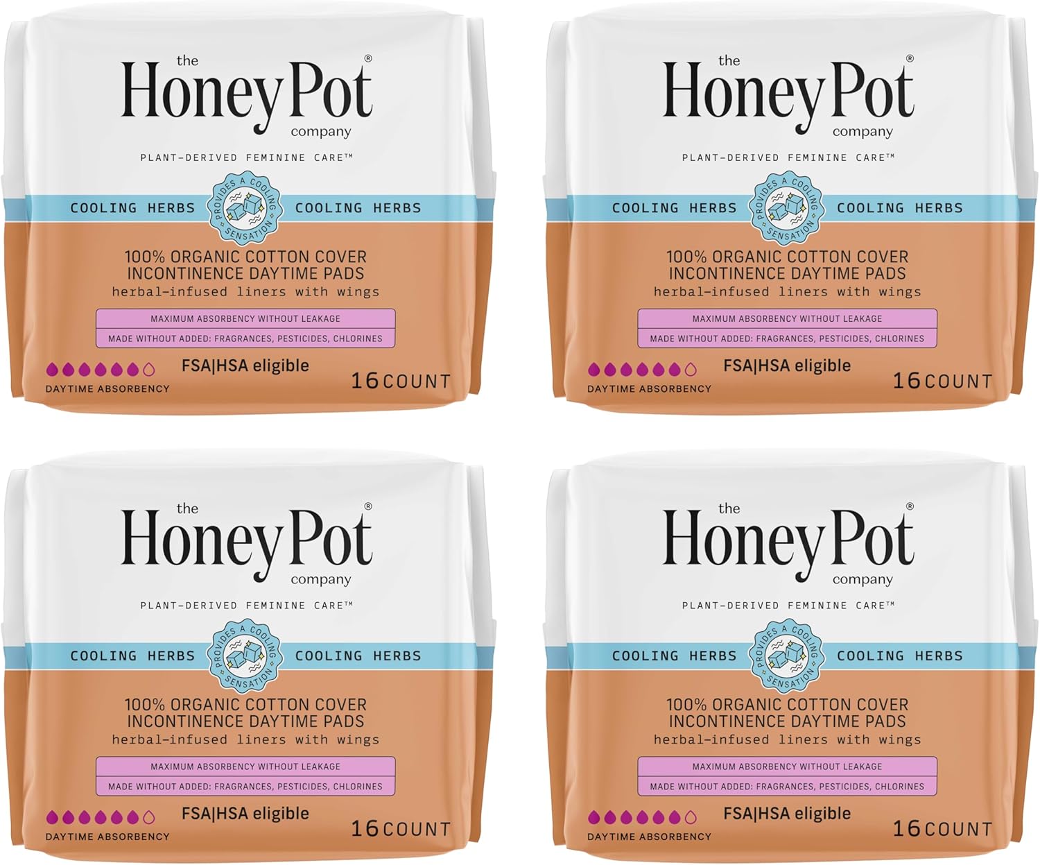 The Honey Pot Company - 64ct - Herbal Pads for Women - Organic Incontinence Daytime w/Wings. Infused w/Essential Oils for Cooling Effect & Postpartum Essentials - Feminine Care