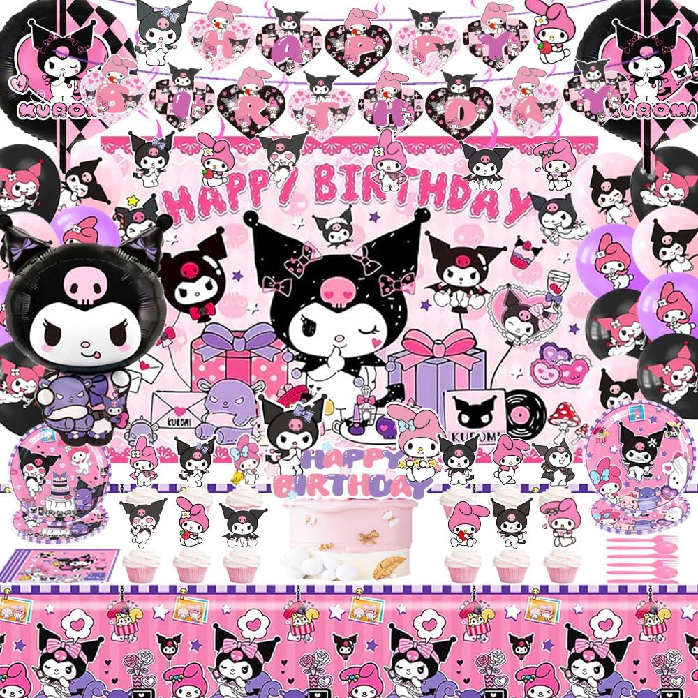 Cute Kawaii Birthday Supplies Party Decorations, Including Backdrop, Birthday Banner, Balloons, Tablecloth, Hanging Swirls, Cake Toppers, Forks, Plates and Napkins for Kawaii Party