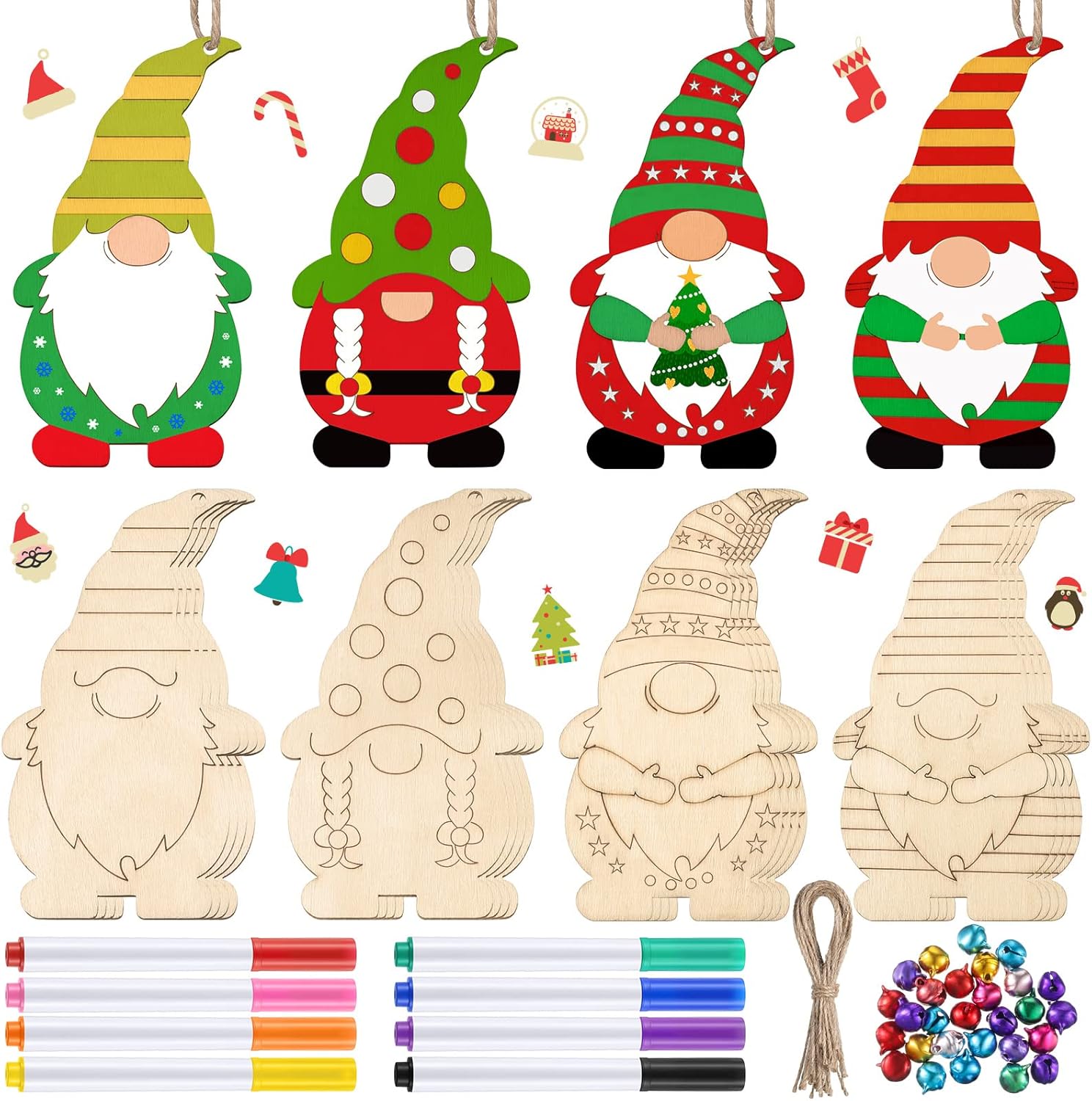 Censen Christmas Unfinished Wooden Gnome Ornaments Craft Kits to Paint DIY Include Blank Gnome Cutout Hanging Slices, Colored Marker, Bells for Kids Halloween Xmas Tree All Festival(20 Sets)
