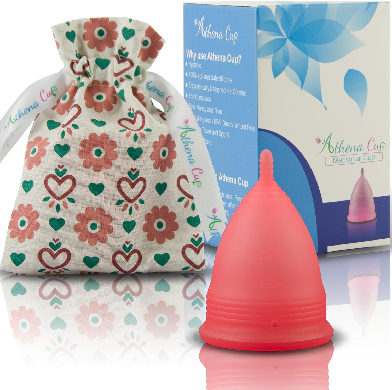 Athena Menstrual Cup One-Pack, Period Cups for Regular to Heavy Flow (Size 2 Large) - Soft Reusable Menstruation Cup - BPA Free Feminine Silicone Cup - Easy to Use and Clean Tampon and Pad Alternative (Transparent Red)