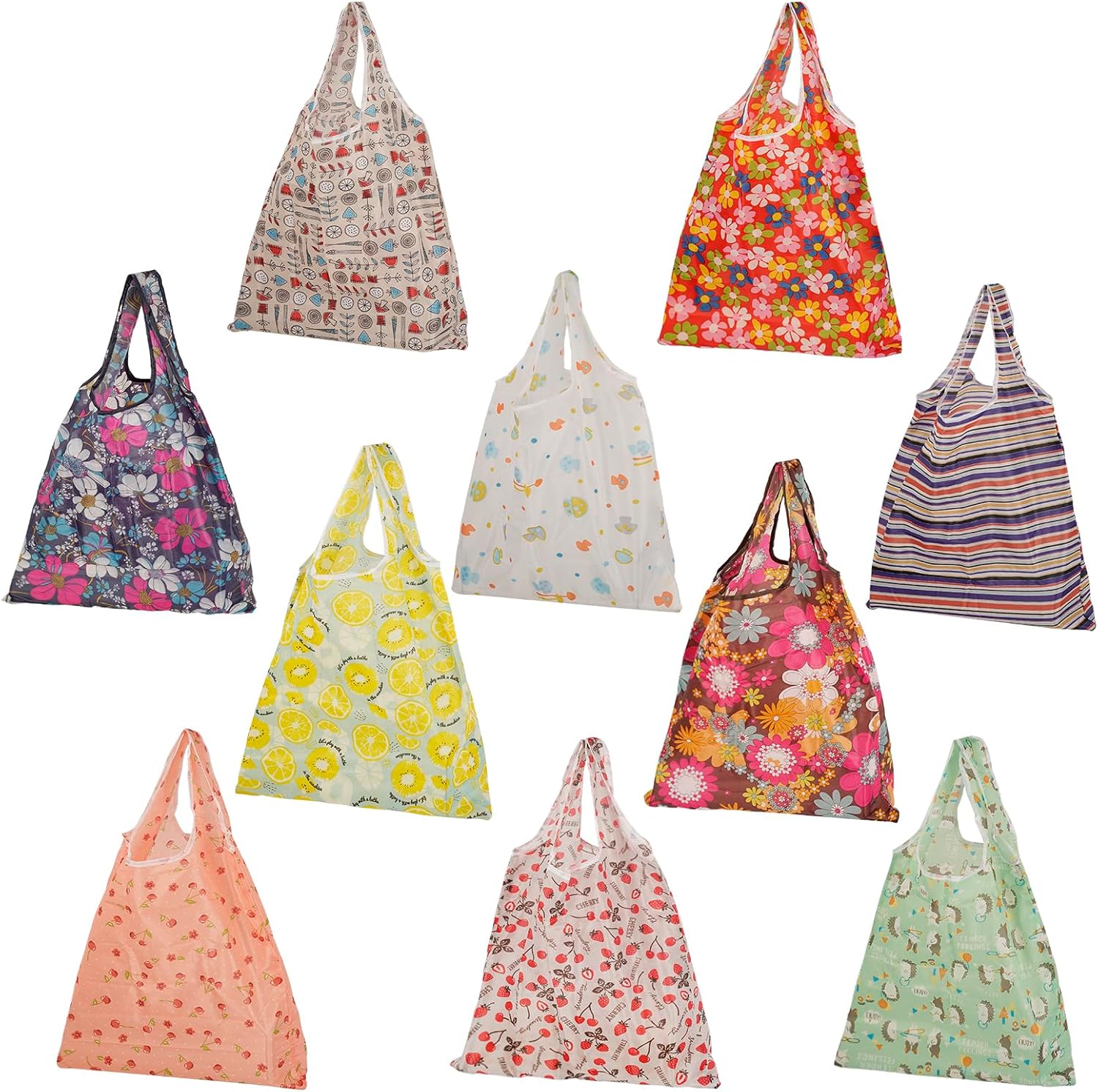 Hossejoy 10 Pcs Reusable Grocery Bags with Handles,Waterproof Nylon Tote Bags, Foldable Lightweight Shopping Bags, Machine Washable for Women Grocery Shopping Supplies Daily Storage