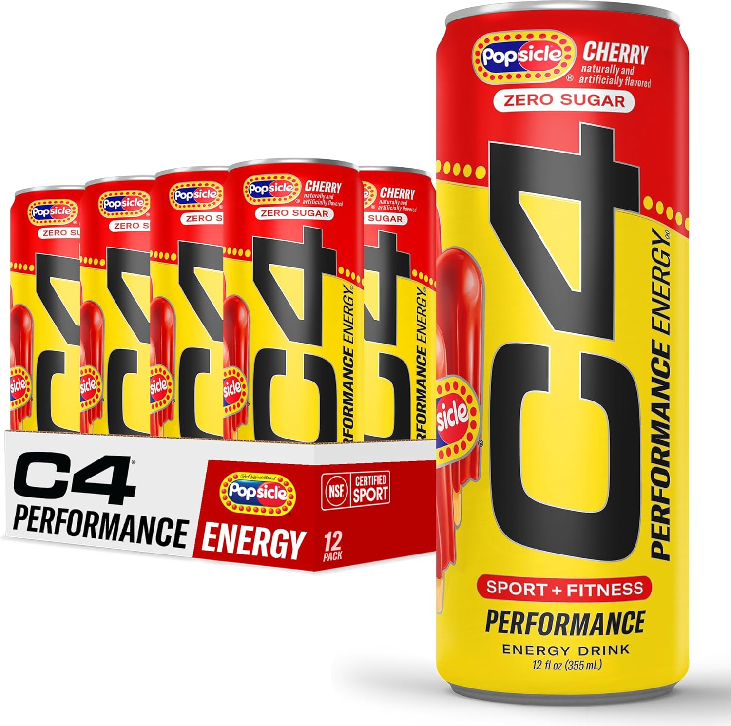 C4 Performance Energy Drink, Cherry Popsicle, Zero Sugar Carbonated Preworkout Energy, 200mg Caffeine with Beta Alanine, 12 Fl Oz (12 Pack)