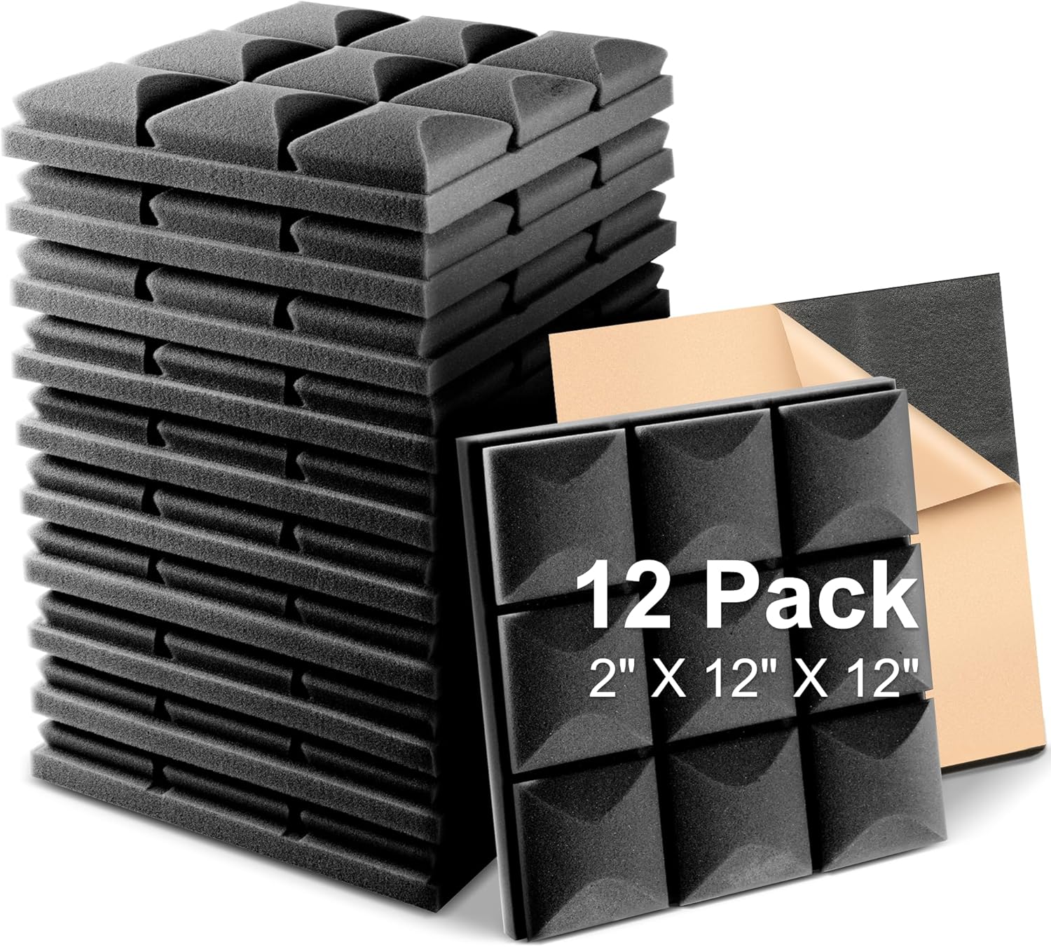 Fstop Labs Acoustic Foam Panels, 12 Pack Black 2'' X 12" X 12" Self-adhesive Mushroom Studio Wedge Tiles, Sound Panels Sound Proof Foam Panels Sound Proofing Padding For Wall