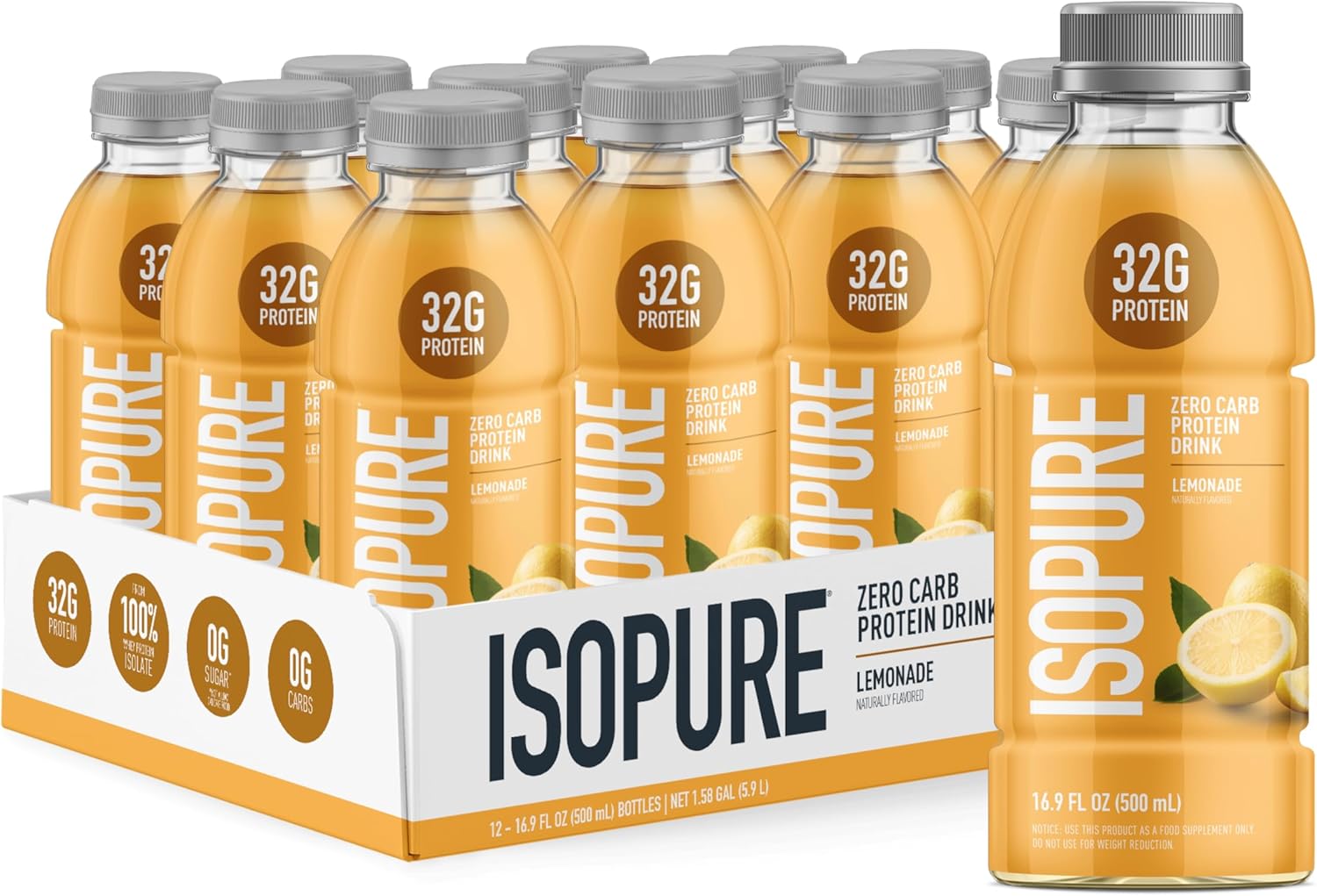 Isopure Zero Carb 32g Clear Protein Ready-to-Drink, Whey Protein Isolate, Lemonade, 12 Pack (Packaging May Vary)