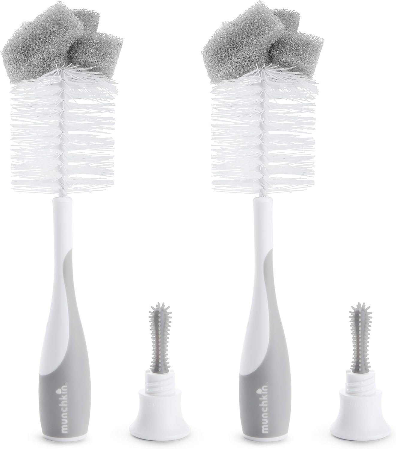 Munchkin 2-In-1 Sponge & Baby Bottle Brushes for Cleaning | Bottle Cleaner Brush & Water Bottle Brush Set | Soft & Reusable with Built In Teat Brush | Dishwasher Safe | 2 Pack | Grey
