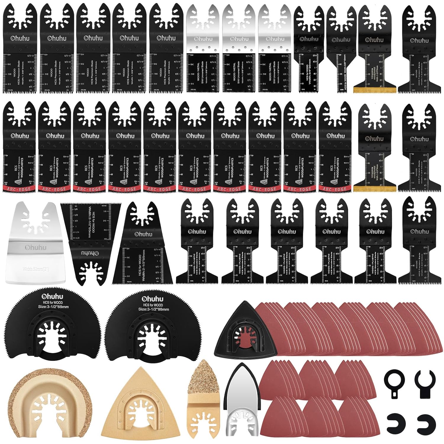 104PCS Oscillating Blades, Ohuhu 14 Assored Multi Tool Blades and Sandpape for Wood Metal Plastic Sanding Tile Cement - Quick Release Oscillating Saw Fit Dewalt Milwaukee Multimaster Ryobi Makita Fein