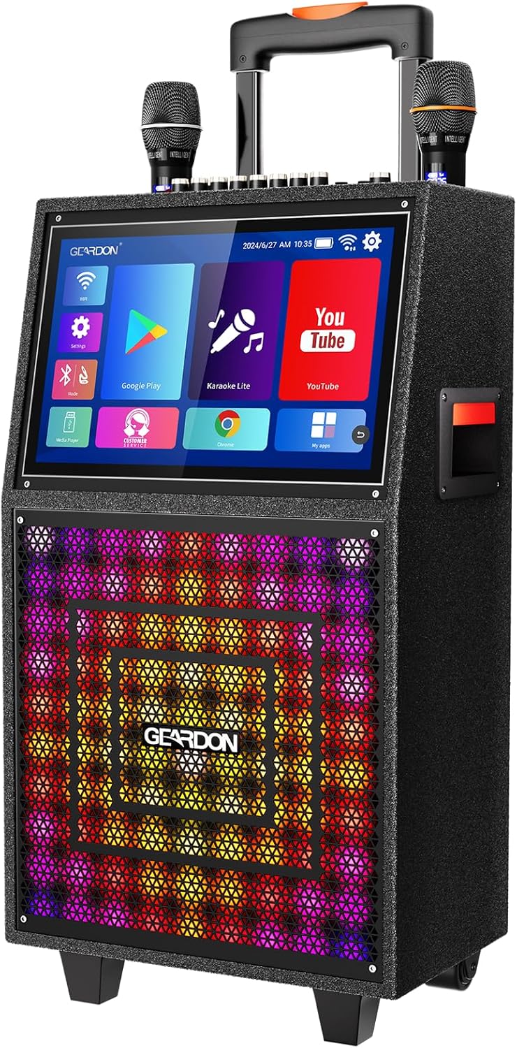 Karaoke Machine with Lyrics Display Screen for Adults, Built-in 15 Inches Tablet, Bluetooth Speaker with 2 Wireless Mics, 1000W Peak Power, DJ Lights, Portable Karaoke System for Any Occasion