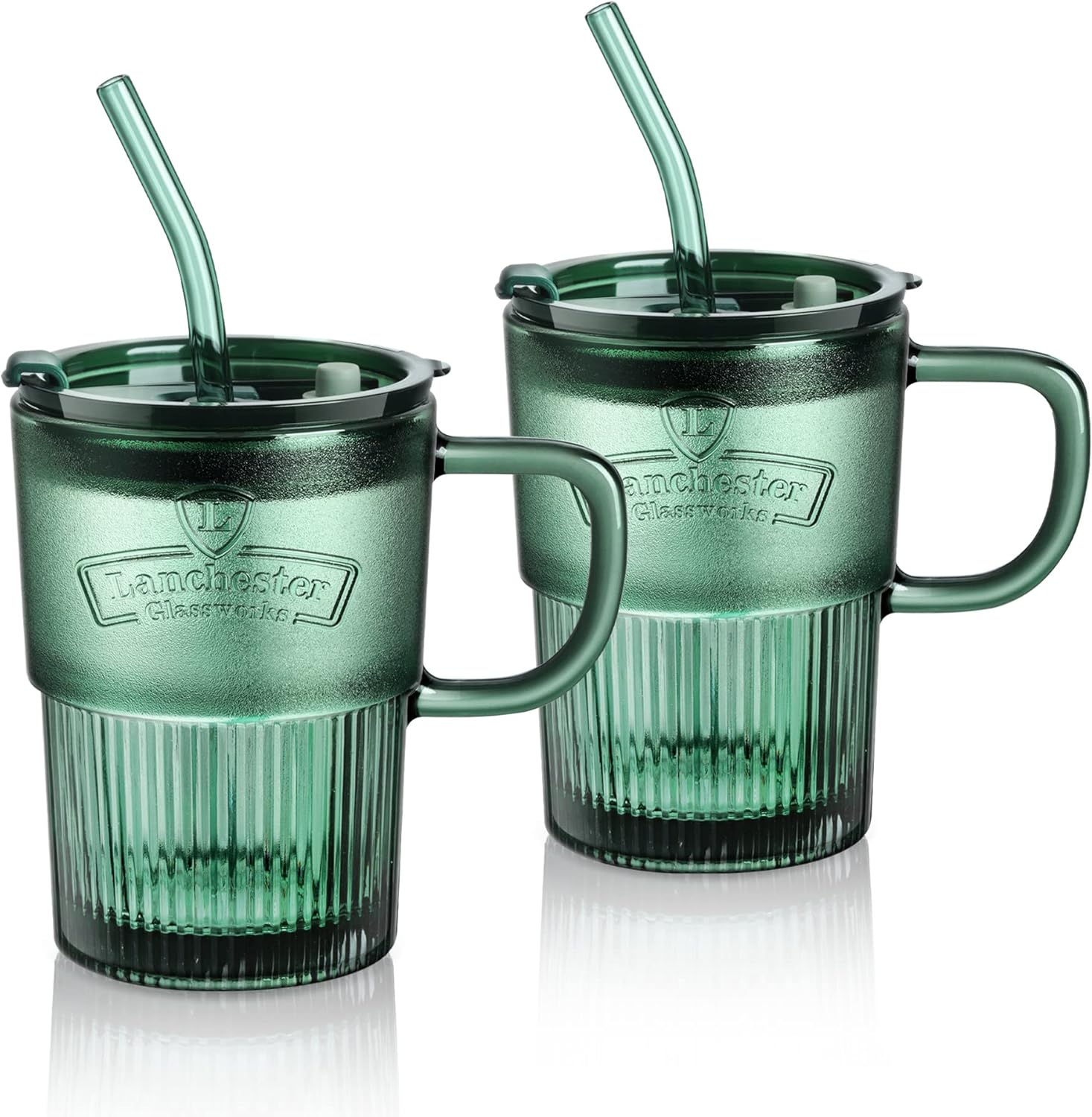 Joeyan 450ml Glass Cups with Lids and Straws, Iced Coffee Glass Mug with Straw and Lid, Set of 2 Green Water Glasses with Straw for Home Office Bedside