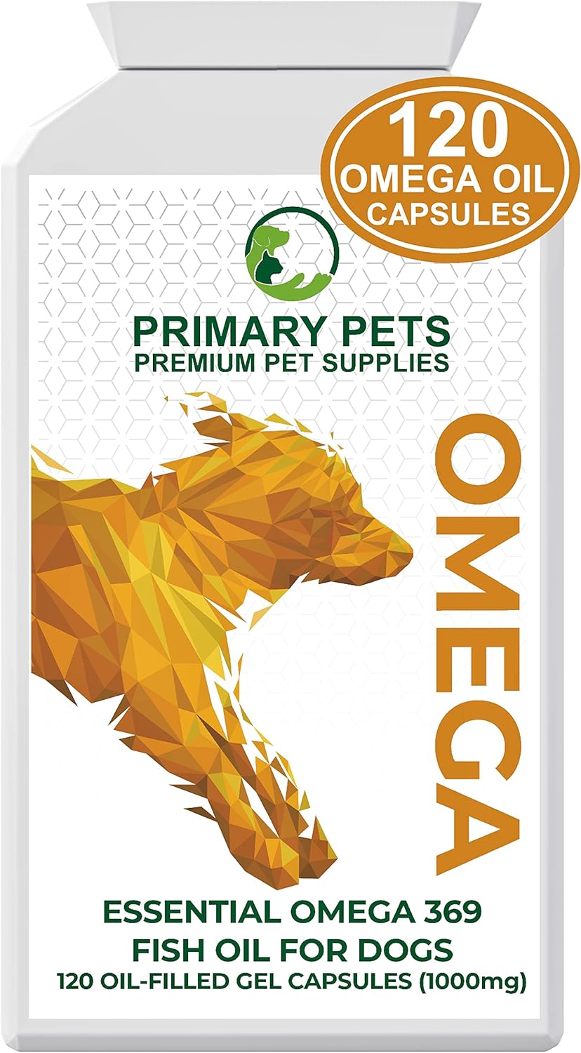 Primary Pets Premium Pet Supplies - Omega 3 Fish Oil for Dogs. 120 x 1000mg Oil Capsules. Supports Healthy Skin and Shiny Coat, Maintains Joint and Brain Health, Helps Maintain Immune System