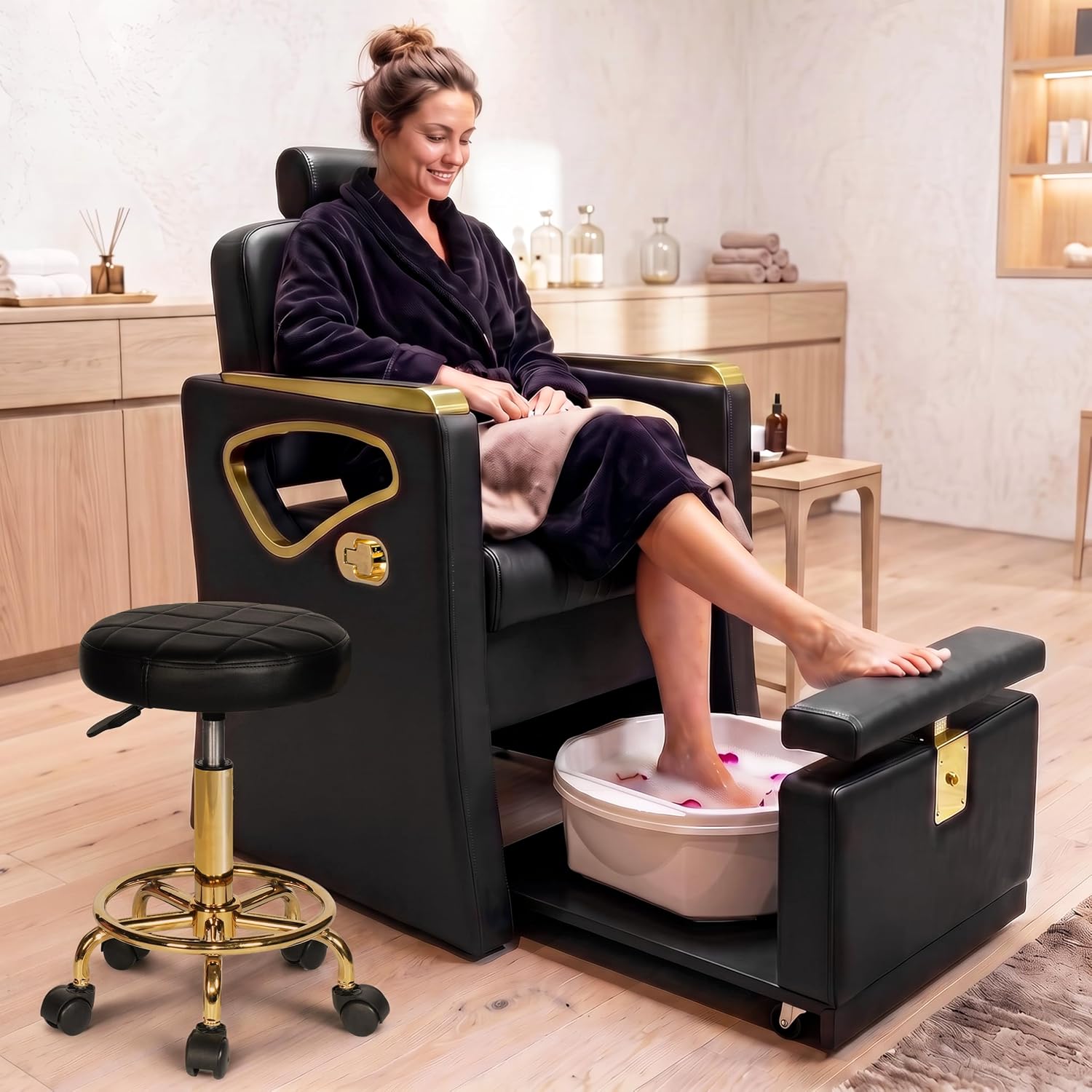 Pedicure Chair with Rolling Stool, Reclining Pedicure Chair No Plumbing