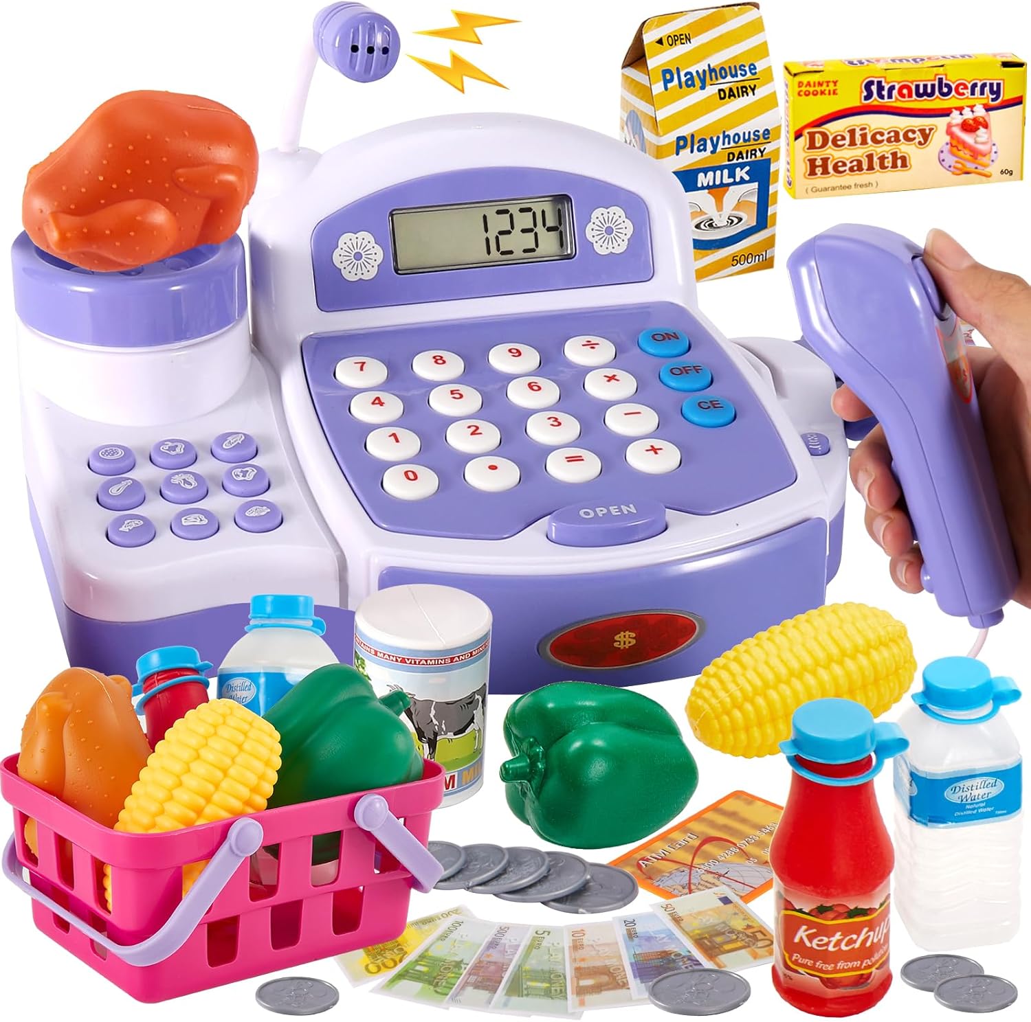 Buyger Toy Cash Register for Kids, Children Toy Till with Scanner Card Machine Lifting Vegetable Weigh Pretend Play Shop Cashier Till Accessories Gifts for Ages 3 4 5 + Years Old