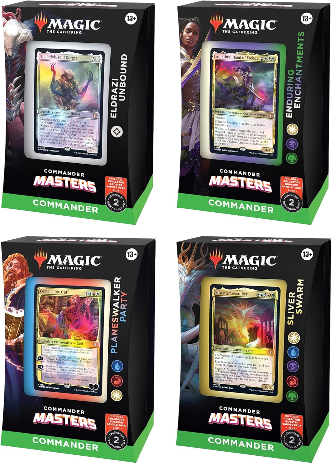 Magic: The Gathering Commander Masters Commander Deck Bundle – Includes Set of 4 Decks (1 Eldrazi Unbound, 1 Enduring Enchantments, 1 Planeswalker Party, and 1 Sliver Swarm)