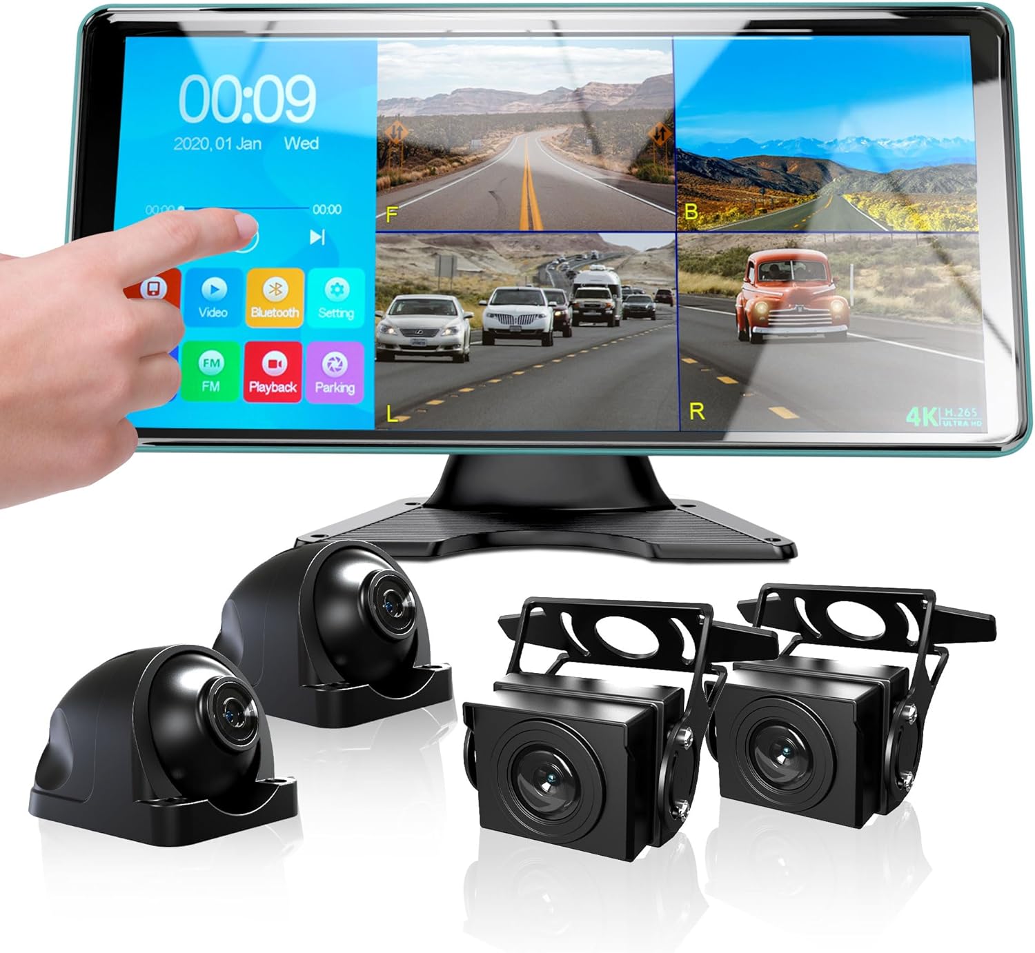 4K Backup Camera 4 Channel 360 Dash Cam with 10.36" Quad Split Touch Screen & 4 AHD Front Rear Sides View Camera w/DVR Recording Music Video Playback Avoid Blind for RV Semi Trailer Truck Van