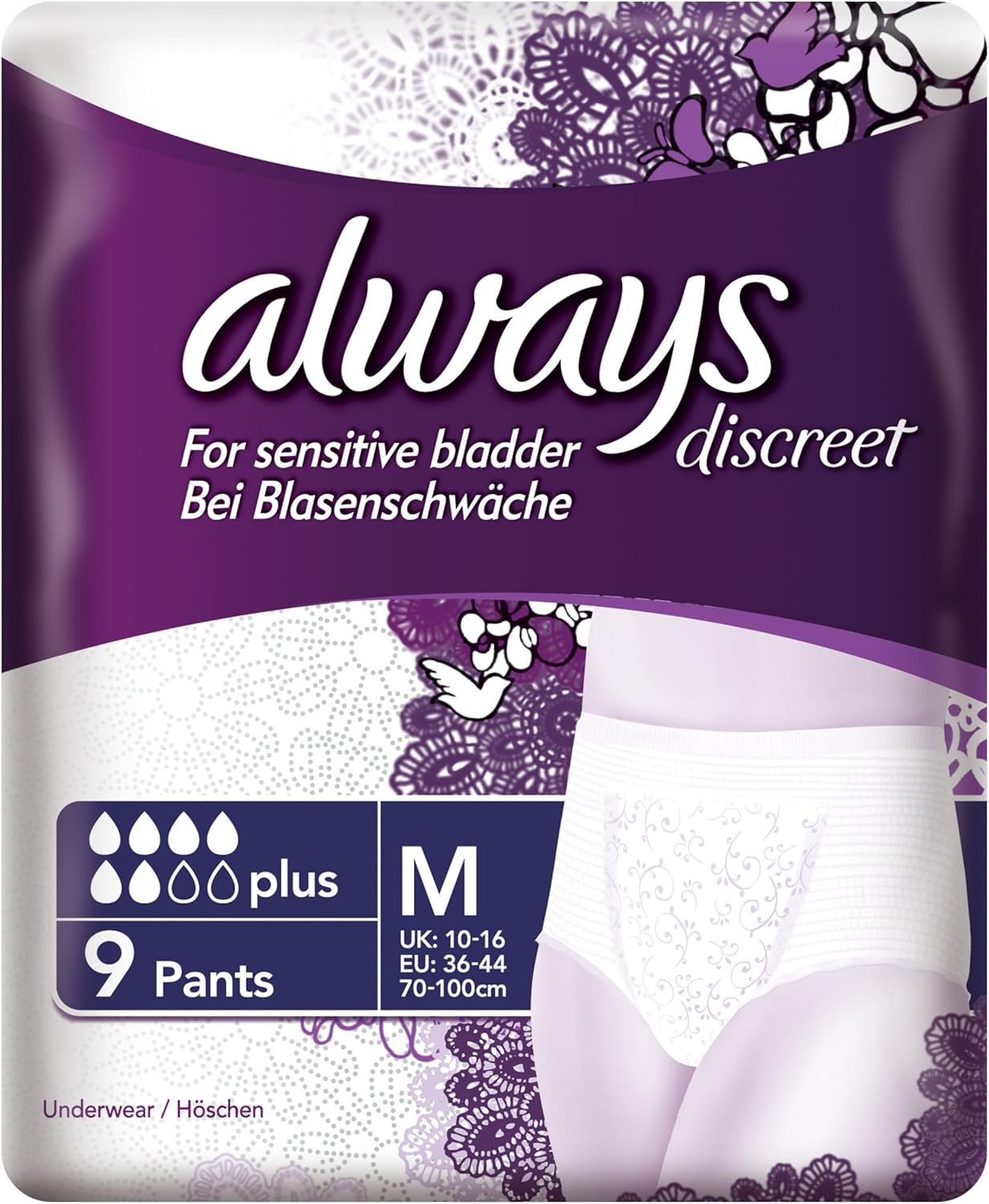 Always Discreet Sensitive Bladder Underwear Incontinence Pants Plus Medium 9 Pants