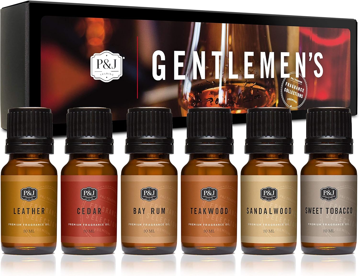 P&J Trading Fragrance Oil Gentlemen's Set | Leather, Sweet Tobacco, Teakwood, Bay Rum, Cedar, Sandalwood Candle Scents for Candle Making, Freshie Scents, Soap Making Supplies, Diffuser Oil Scents
