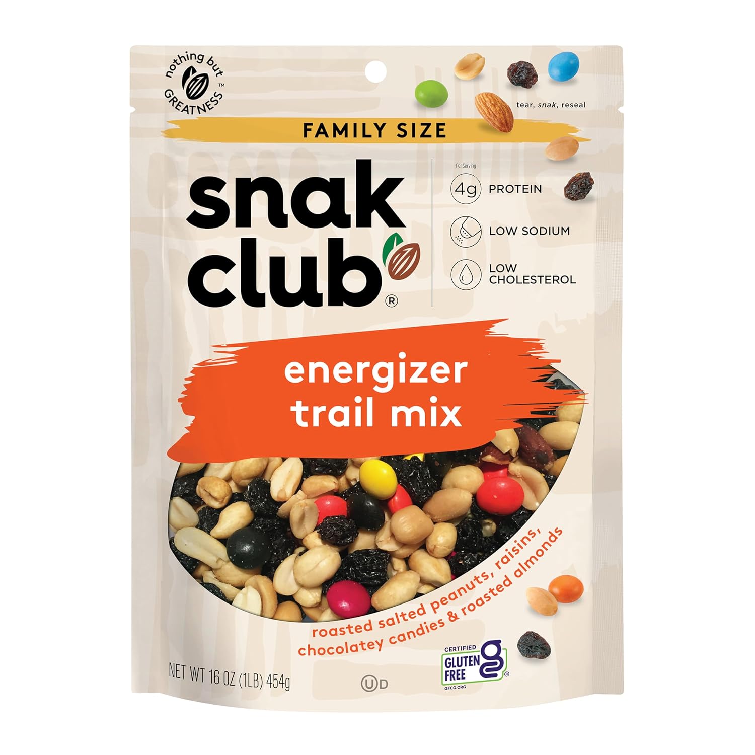 Snak Club Energizer Trail Mix with Roasted Salted Peanuts, Raisins, Chocolatey Candies, Roasted Almonds, Gluten-Free and Kosher Snack, 16 oz Resealable Bag