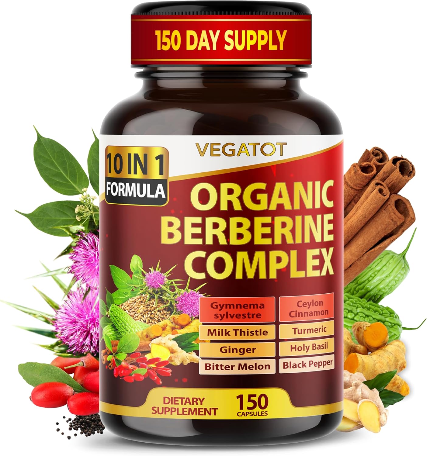 VEGATOT GlucoSavior Berberine Supplement 12,900mg with Ceylon Cinnamon, Bitter Melon, Gymnema - Supports Immune, Heart Health & Gastrointestinal Function - Made in The USA (150 Count (Pack of 1))