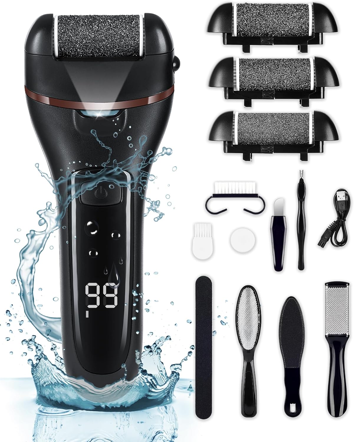 Electric Foot File Hard Skin Remover Professional 16 in 1 Pedicure Sets for Feet with 3 Replacement Rollers ＆ 2 Speeds Battery Display Callus Remover Foot Care Kit for Dry Dead Skin Cracked Heels