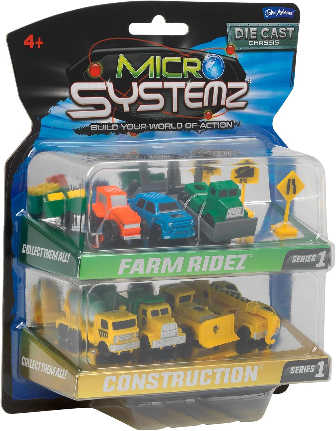 JOHN ADAMS | MICRO SYSTEMZ FARM RIDEZ & CONSTRUCTION: 3 farm vehicles with 2 road signs, plus 4 different construction trucks | Toy Vehicles & Playsets | Die Cast Cars | Ages 4+