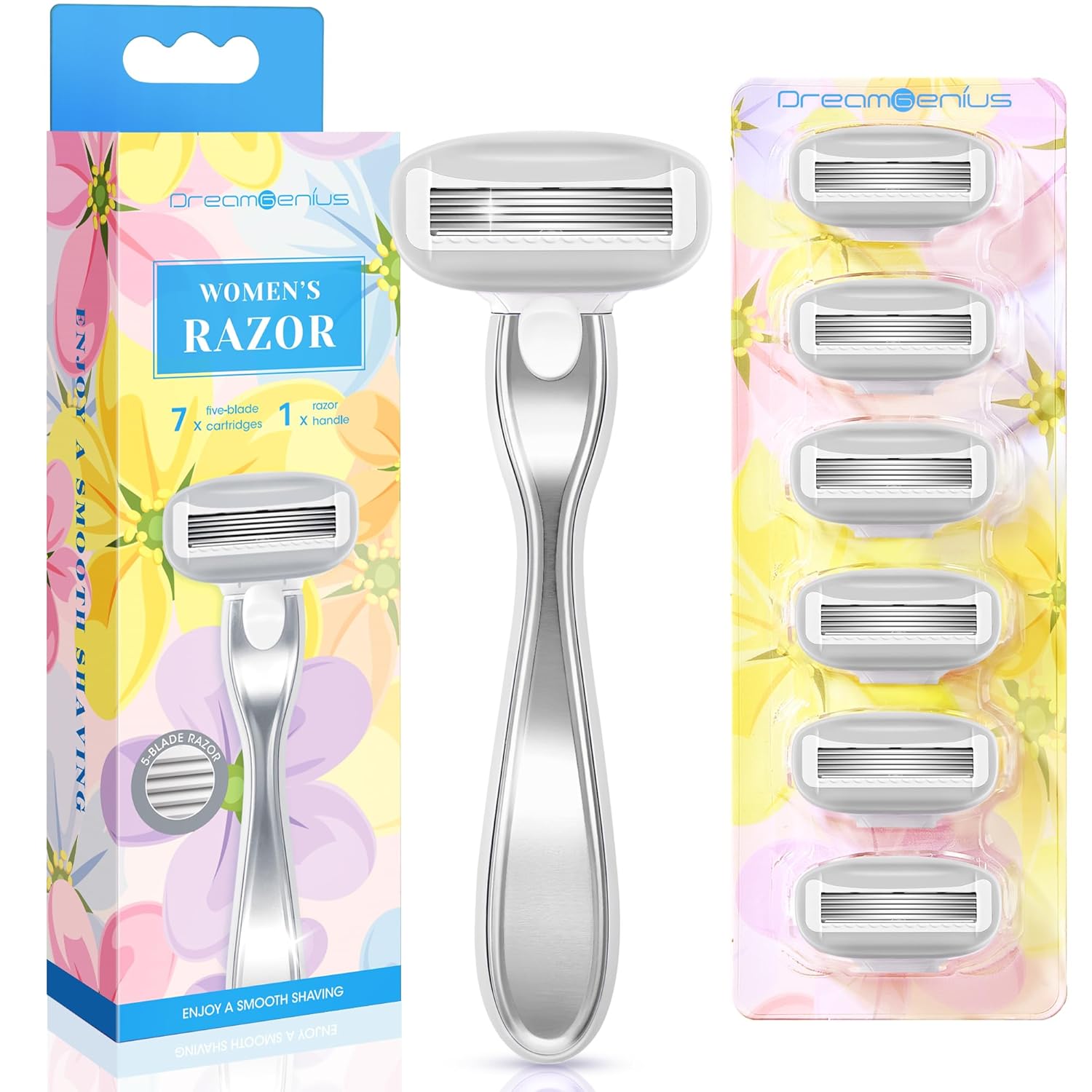 Razors for Women Include 1 Non-Slip Metal Handles and 7 Blade Refills, 5 Premium Blades Women's Razors for Shaving with 360° Lubrication Reduces Irritation, Silver