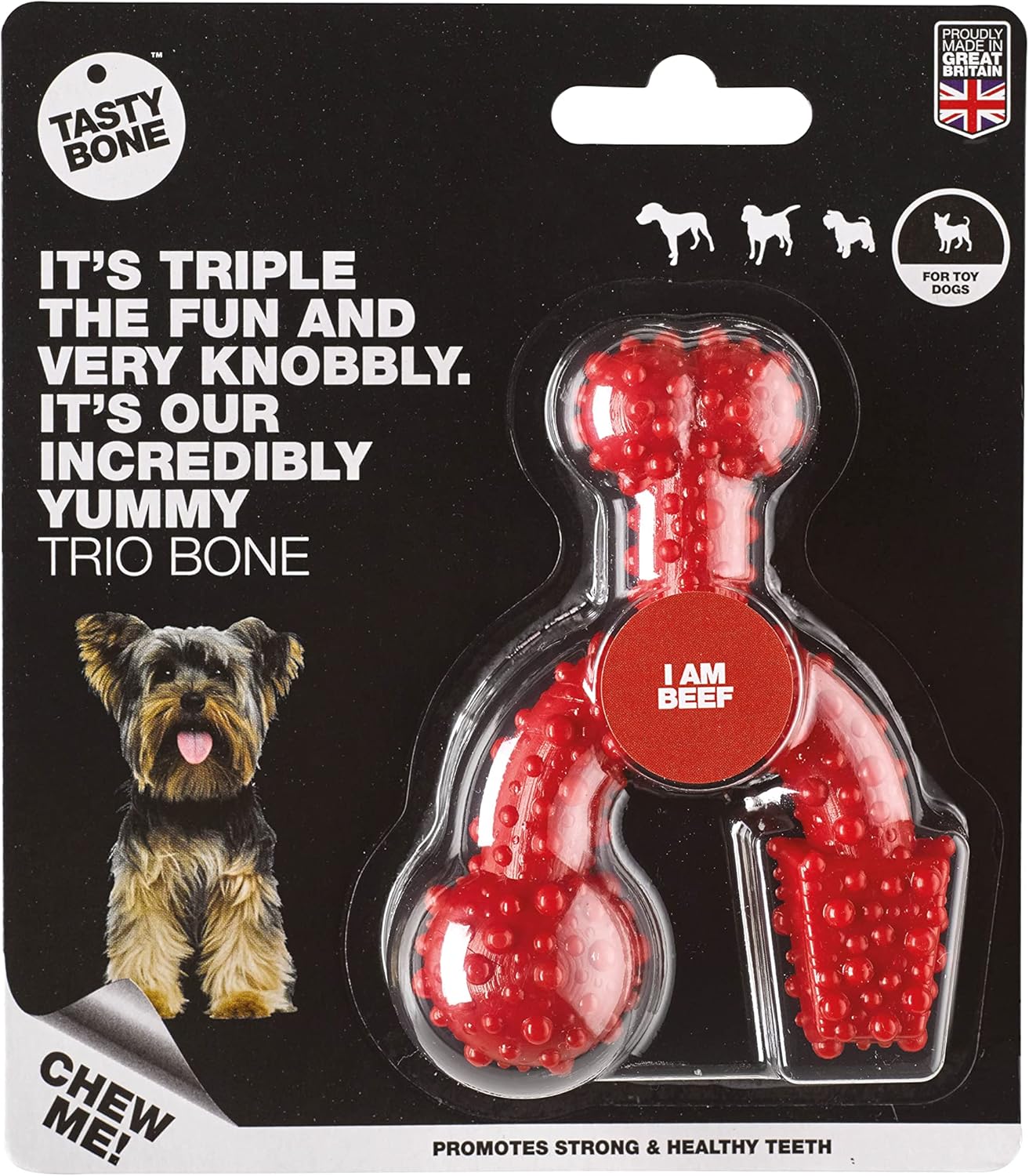 TastyBone TrioBone Nylon Dog Chew Toy for Toy Dogs (Beef) - Indestructible for Aggressive Chewers, Everlasting Flavour, Strong Healthy Teeth, Made in the UK