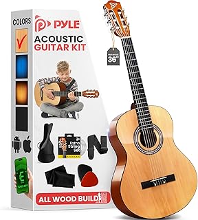 Pyle Beginner Acoustic Guitar Kit, 3/4 Junior Size All Wood Instrument for Kids, Adults, 36" Natural Wood Gloss