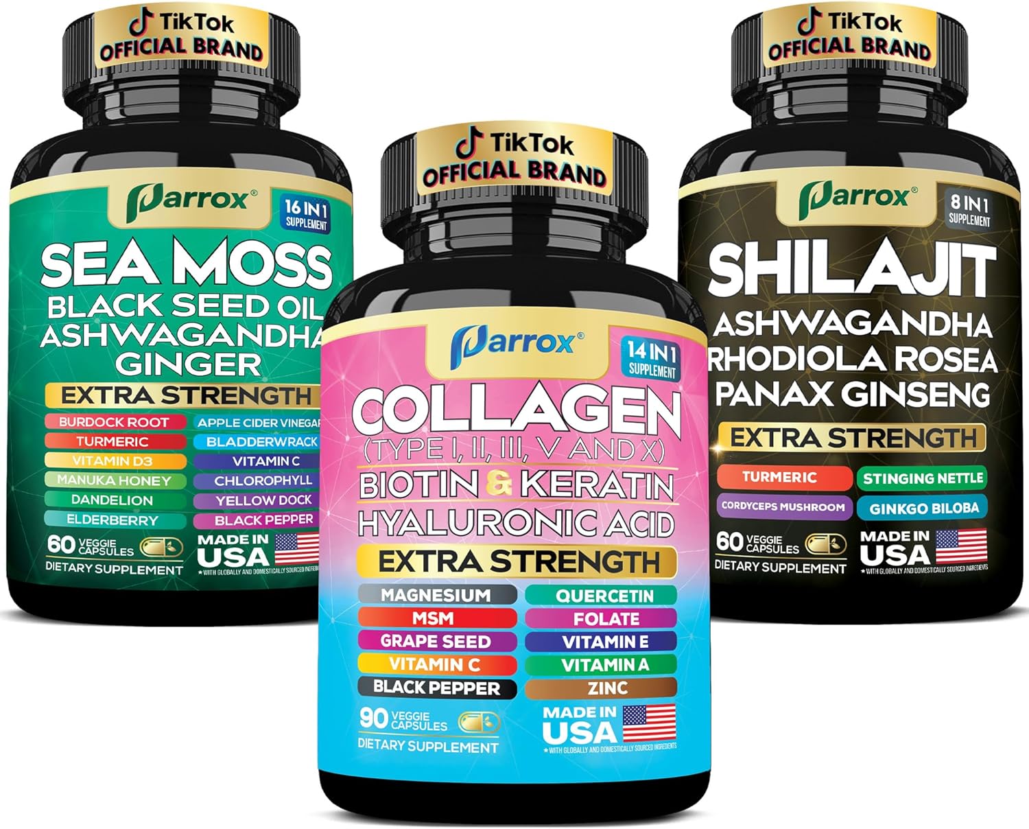 Ultimate Wellness Trio - Sea Moss, Black Seed Oil, Ashwagandha, Ginger, Burdock Root, Rhodiola Rosea, Panax Ginseng, Turmeric, Collagen Types I II III V X, Biotin, Keratin, Hyaluronic Acid